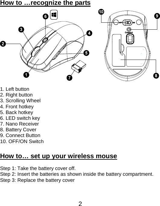  2How to …recognize the parts              1. Left button 2. Right button 3. Scrolling Wheel 4. Front hotkey 5. Back hotkey 6. LED switch key 7. Nano Receiver 8. Battery Cover 9. Connect Button 10. OFF/ON Switch  How to… set up your wireless mouse  Step 1: Take the battery cover off. Step 2: Insert the batteries as shown inside the battery compartment. Step 3: Replace the battery cover  