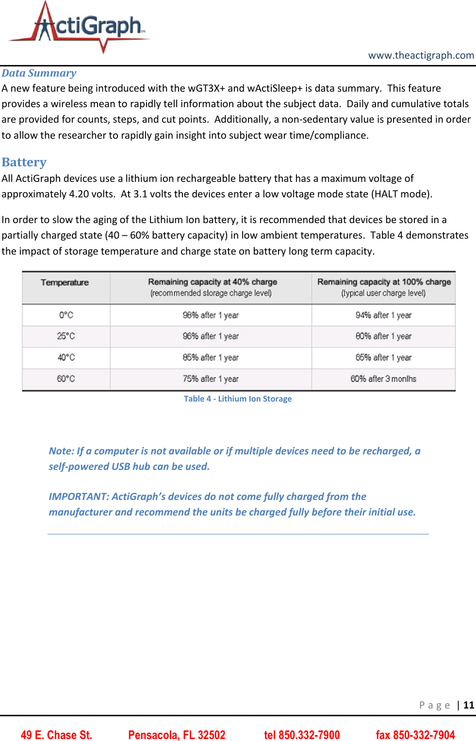         www.theactigraph.com P a g e  | 11 49 E. Chase St.             Pensacola, FL 32502              tel 850.332-7900             fax 850-332-7904 Data Summary A new feature being introduced with the wGT3X+ and wActiSleep+ is data summary.  This feature provides a wireless mean to rapidly tell information about the subject data.  Daily and cumulative totals are provided for counts, steps, and cut points.  Additionally, a non-sedentary value is presented in order to allow the researcher to rapidly gain insight into subject wear time/compliance. Battery All ActiGraph devices use a lithium ion rechargeable battery that has a maximum voltage of approximately 4.20 volts.  At 3.1 volts the devices enter a low voltage mode state (HALT mode). In order to slow the aging of the Lithium Ion battery, it is recommended that devices be stored in a partially charged state (40 – 60% battery capacity) in low ambient temperatures.  Table 4 demonstrates the impact of storage temperature and charge state on battery long term capacity.  Table 4 - Lithium Ion Storage  Note: If a computer is not available or if multiple devices need to be recharged, a self-powered USB hub can be used.  IMPORTANT: ActiGraph’s devices do not come fully charged from the manufacturer and recommend the units be charged fully before their initial use.    