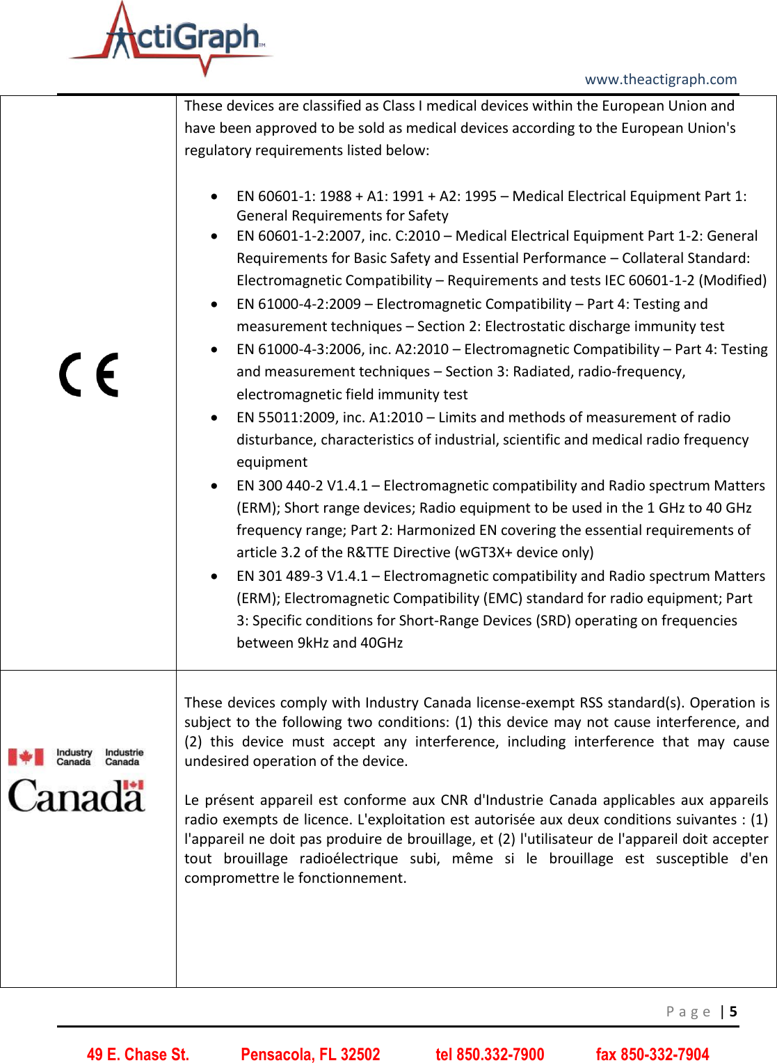        www.theactigraph.com P a g e  | 5 49 E. Chase St.             Pensacola, FL 32502              tel 850.332-7900             fax 850-332-7904  These devices are classified as Class I medical devices within the European Union and have been approved to be sold as medical devices according to the European Union&apos;s regulatory requirements listed below:    EN 60601-1: 1988 + A1: 1991 + A2: 1995 – Medical Electrical Equipment Part 1: General Requirements for Safety   EN 60601-1-2:2007, inc. C:2010 – Medical Electrical Equipment Part 1-2: General Requirements for Basic Safety and Essential Performance – Collateral Standard: Electromagnetic Compatibility – Requirements and tests IEC 60601-1-2 (Modified)  EN 61000-4-2:2009 – Electromagnetic Compatibility – Part 4: Testing and measurement techniques – Section 2: Electrostatic discharge immunity test  EN 61000-4-3:2006, inc. A2:2010 – Electromagnetic Compatibility – Part 4: Testing and measurement techniques – Section 3: Radiated, radio-frequency, electromagnetic field immunity test  EN 55011:2009, inc. A1:2010 – Limits and methods of measurement of radio disturbance, characteristics of industrial, scientific and medical radio frequency equipment  EN 300 440-2 V1.4.1 – Electromagnetic compatibility and Radio spectrum Matters (ERM); Short range devices; Radio equipment to be used in the 1 GHz to 40 GHz frequency range; Part 2: Harmonized EN covering the essential requirements of article 3.2 of the R&amp;TTE Directive (wGT3X+ device only)    EN 301 489-3 V1.4.1 – Electromagnetic compatibility and Radio spectrum Matters (ERM); Electromagnetic Compatibility (EMC) standard for radio equipment; Part 3: Specific conditions for Short-Range Devices (SRD) operating on frequencies between 9kHz and 40GHz              These devices comply with Industry Canada license-exempt RSS standard(s). Operation is subject to the following two conditions: (1) this device may not cause interference, and (2)  this  device  must  accept  any  interference,  including  interference  that  may  cause undesired operation of the device.  Le  présent  appareil est  conforme aux  CNR  d&apos;Industrie  Canada  applicables  aux  appareils radio exempts de licence. L&apos;exploitation est autorisée aux deux conditions suivantes : (1) l&apos;appareil ne doit pas produire de brouillage, et (2) l&apos;utilisateur de l&apos;appareil doit accepter tout  brouillage  radioélectrique  subi,  même  si  le  brouillage  est  susceptible  d&apos;en compromettre le fonctionnement.      