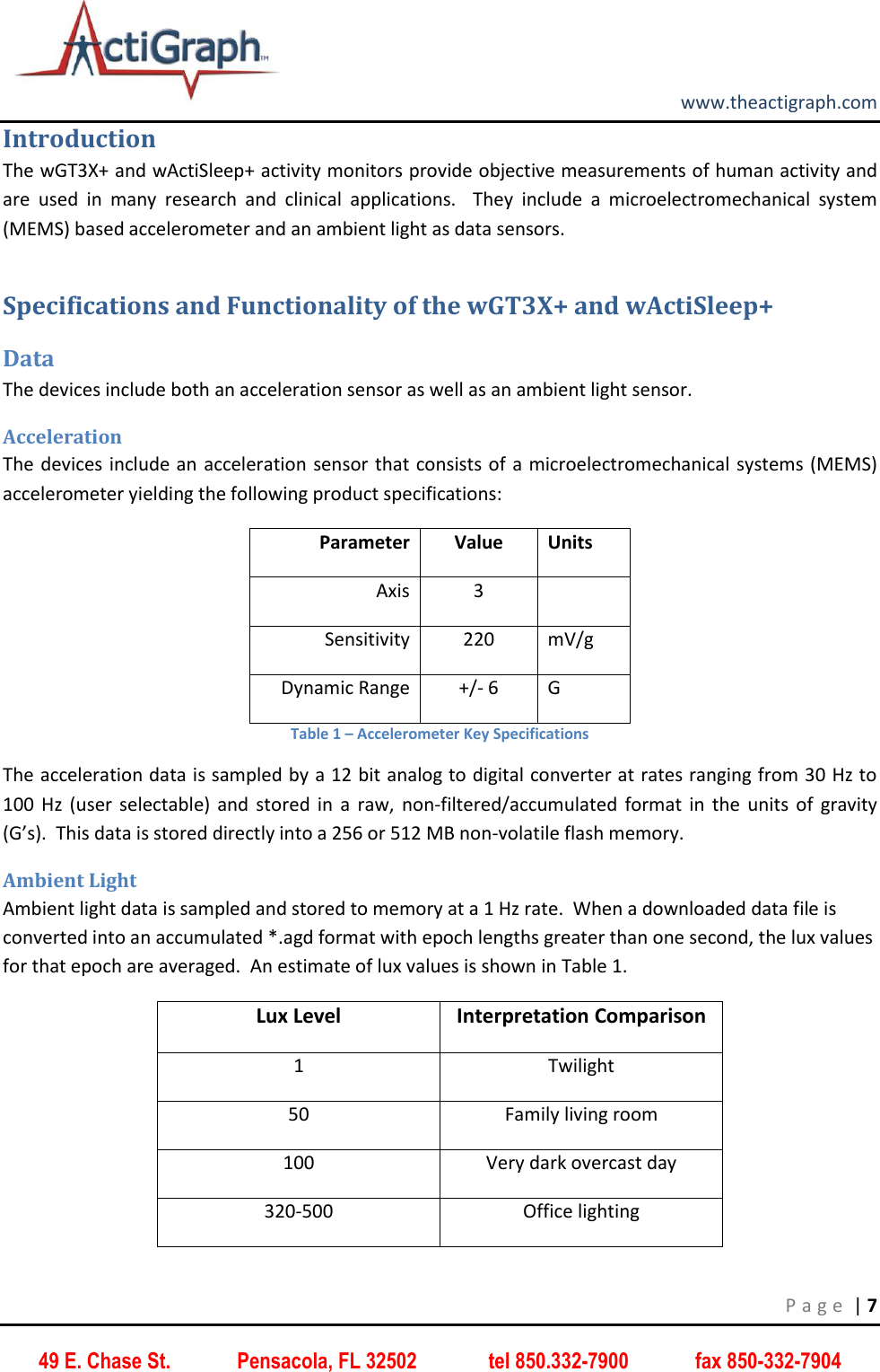         www.theactigraph.com P a g e  | 7 49 E. Chase St.             Pensacola, FL 32502              tel 850.332-7900             fax 850-332-7904 Introduction The wGT3X+ and wActiSleep+ activity monitors provide objective measurements of human activity and are  used  in  many  research  and  clinical  applications.    They  include  a  microelectromechanical  system (MEMS) based accelerometer and an ambient light as data sensors.   Specifications and Functionality of the wGT3X+ and wActiSleep+ Data The devices include both an acceleration sensor as well as an ambient light sensor.   Acceleration The devices include an  acceleration sensor that consists of a microelectromechanical systems (MEMS) accelerometer yielding the following product specifications: Parameter Value Units Axis 3  Sensitivity 220 mV/g Dynamic Range +/- 6 G Table 1 – Accelerometer Key Specifications The acceleration data is sampled by a 12 bit analog to digital converter at rates ranging from 30 Hz to 100  Hz  (user  selectable)  and  stored  in  a  raw,  non-filtered/accumulated  format  in  the  units  of  gravity (G’s).  This data is stored directly into a 256 or 512 MB non-volatile flash memory. Ambient Light Ambient light data is sampled and stored to memory at a 1 Hz rate.  When a downloaded data file is converted into an accumulated *.agd format with epoch lengths greater than one second, the lux values for that epoch are averaged.  An estimate of lux values is shown in Table 1. Lux Level Interpretation Comparison 1 Twilight 50 Family living room 100 Very dark overcast day 320-500 Office lighting 