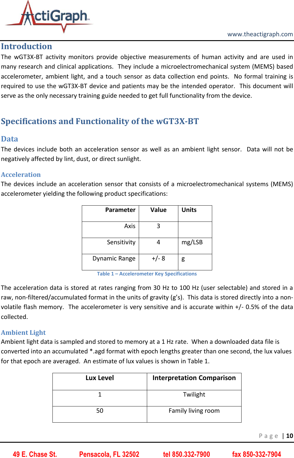         www.theactigraph.com P a g e  | 10 49 E. Chase St.             Pensacola, FL 32502              tel 850.332-7900             fax 850-332-7904 Introduction The  wGT3X-BT  activity  monitors  provide  objective  measurements  of  human  activity  and  are  used  in many research and clinical applications.  They include a microelectromechanical system (MEMS) based accelerometer, ambient light, and a touch sensor as data collection end points.  No formal training is required to use the wGT3X-BT device and patients may be the intended operator.  This document will serve as the only necessary training guide needed to get full functionality from the device.  Specifications and Functionality of the wGT3X-BT Data The devices include both an acceleration sensor as well as  an ambient light sensor.   Data  will not be negatively affected by lint, dust, or direct sunlight.  Acceleration The devices include an acceleration sensor that consists of a microelectromechanical systems (MEMS) accelerometer yielding the following product specifications: Parameter Value Units Axis 3  Sensitivity 4 mg/LSB Dynamic Range +/- 8 g Table 1 – Accelerometer Key Specifications The acceleration data is stored at rates ranging from 30 Hz to 100 Hz (user selectable) and stored in a raw, non-filtered/accumulated format in the units of gravity (g’s).  This data is stored directly into a non-volatile flash memory.  The accelerometer is very sensitive and is accurate within +/- 0.5% of the data collected.  Ambient Light Ambient light data is sampled and stored to memory at a 1 Hz rate.  When a downloaded data file is converted into an accumulated *.agd format with epoch lengths greater than one second, the lux values for that epoch are averaged.  An estimate of lux values is shown in Table 1. Lux Level Interpretation Comparison 1 Twilight 50 Family living room 
