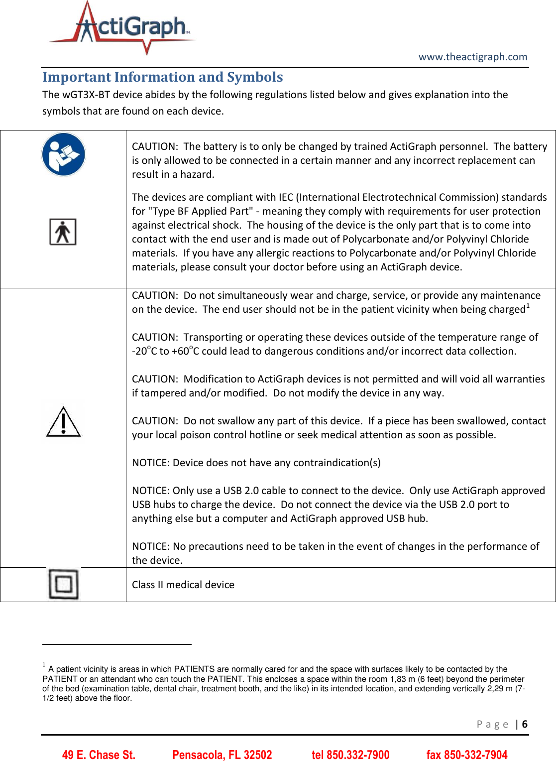         www.theactigraph.com P a g e  | 6 49 E. Chase St.             Pensacola, FL 32502              tel 850.332-7900             fax 850-332-7904 Important Information and Symbols The wGT3X-BT device abides by the following regulations listed below and gives explanation into the symbols that are found on each device.    CAUTION:  The battery is to only be changed by trained ActiGraph personnel.  The battery is only allowed to be connected in a certain manner and any incorrect replacement can result in a hazard.  The devices are compliant with IEC (International Electrotechnical Commission) standards for &quot;Type BF Applied Part&quot; - meaning they comply with requirements for user protection against electrical shock.  The housing of the device is the only part that is to come into contact with the end user and is made out of Polycarbonate and/or Polyvinyl Chloride materials.  If you have any allergic reactions to Polycarbonate and/or Polyvinyl Chloride materials, please consult your doctor before using an ActiGraph device.    CAUTION:  Do not simultaneously wear and charge, service, or provide any maintenance on the device.  The end user should not be in the patient vicinity when being charged1  CAUTION:  Transporting or operating these devices outside of the temperature range of    -20oC to +60oC could lead to dangerous conditions and/or incorrect data collection.  CAUTION:  Modification to ActiGraph devices is not permitted and will void all warranties if tampered and/or modified.  Do not modify the device in any way.    CAUTION:  Do not swallow any part of this device.  If a piece has been swallowed, contact your local poison control hotline or seek medical attention as soon as possible.    NOTICE: Device does not have any contraindication(s)   NOTICE: Only use a USB 2.0 cable to connect to the device.  Only use ActiGraph approved USB hubs to charge the device.  Do not connect the device via the USB 2.0 port to anything else but a computer and ActiGraph approved USB hub.   NOTICE: No precautions need to be taken in the event of changes in the performance of the device.  Class II medical device                                                            1 A patient vicinity is areas in which PATIENTS are normally cared for and the space with surfaces likely to be contacted by the PATIENT or an attendant who can touch the PATIENT. This encloses a space within the room 1,83 m (6 feet) beyond the perimeter of the bed (examination table, dental chair, treatment booth, and the like) in its intended location, and extending vertically 2,29 m (7-1/2 feet) above the floor. 