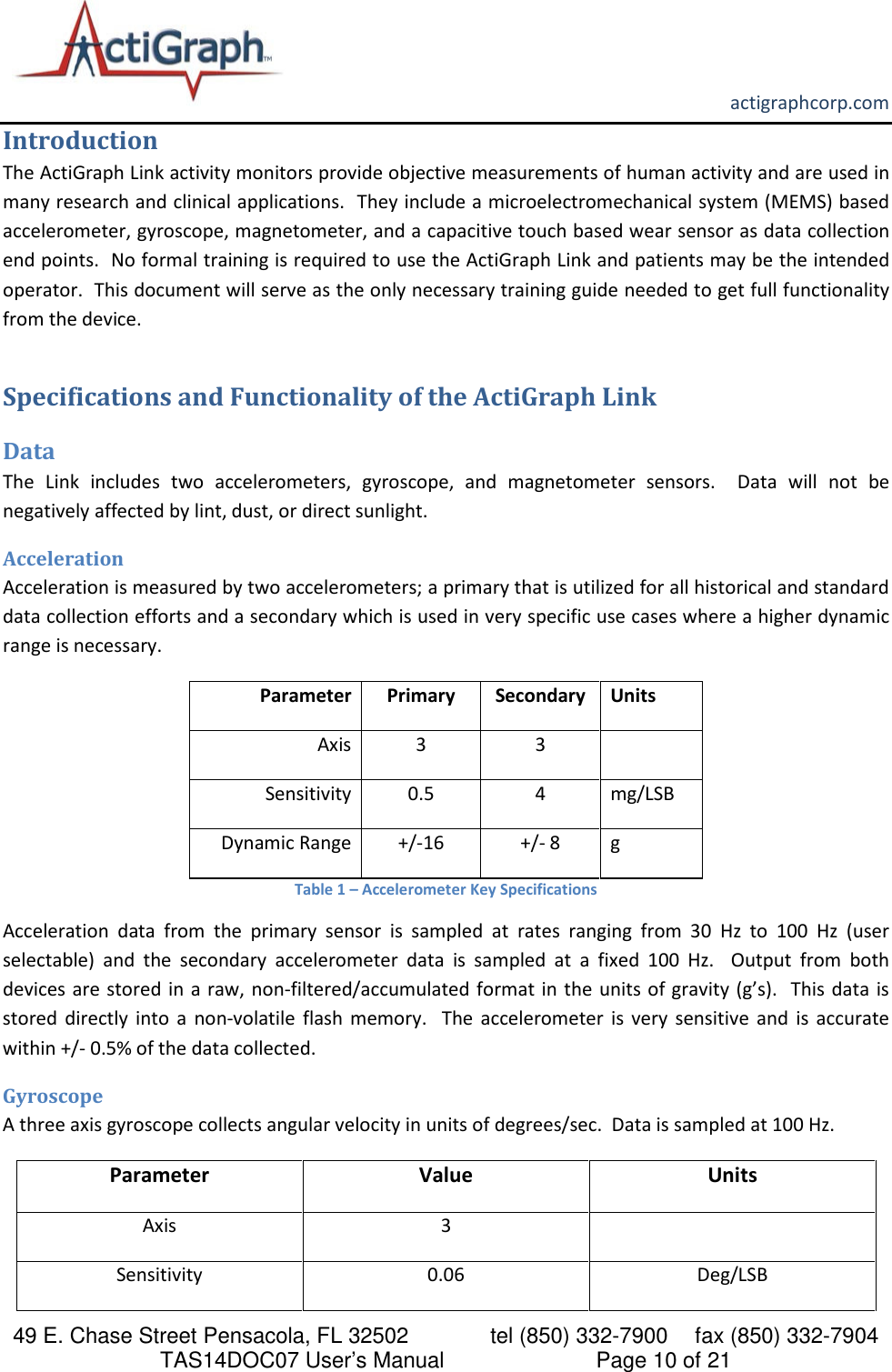       actigraphcorp.com 49 E. Chase Street Pensacola, FL 32502    tel (850) 332-7900 fax (850) 332-7904 TAS14DOC07 User’s Manual                     Page 10 of 21 Introduction The ActiGraph Link activity monitors provide objective measurements of human activity and are used in many research and clinical applications.  They include a microelectromechanical system (MEMS) based accelerometer, gyroscope, magnetometer, and a capacitive touch based wear sensor as data collection end points.  No formal training is required to use the ActiGraph Link and patients may be the intended operator.  This document will serve as the only necessary training guide needed to get full functionality from the device.  Specifications and Functionality of the ActiGraph Link Data The  Link includes two accelerometers, gyroscope, and magnetometer sensors.  Data  will not be negatively affected by lint, dust, or direct sunlight.  Acceleration Acceleration is measured by two accelerometers; a primary that is utilized for all historical and standard data collection efforts and a secondary which is used in very specific use cases where a higher dynamic range is necessary. Parameter Primary Secondary Units Axis 3 3  Sensitivity 0.5 4 mg/LSB Dynamic Range +/-16 +/- 8 g Table 1 – Accelerometer Key Specifications Acceleration data from the primary sensor is sampled at rates ranging from 30 Hz to 100 Hz (user selectable) and the secondary accelerometer data is sampled at a fixed 100 Hz.  Output from both devices are stored in a raw, non-filtered/accumulated format in the units of gravity (g’s).  This data is stored directly into a non-volatile flash memory.  The accelerometer is very sensitive and is accurate within +/- 0.5% of the data collected.  Gyroscope A three axis gyroscope collects angular velocity in units of degrees/sec.  Data is sampled at 100 Hz. Parameter Value Units Axis 3  Sensitivity 0.06 Deg/LSB 