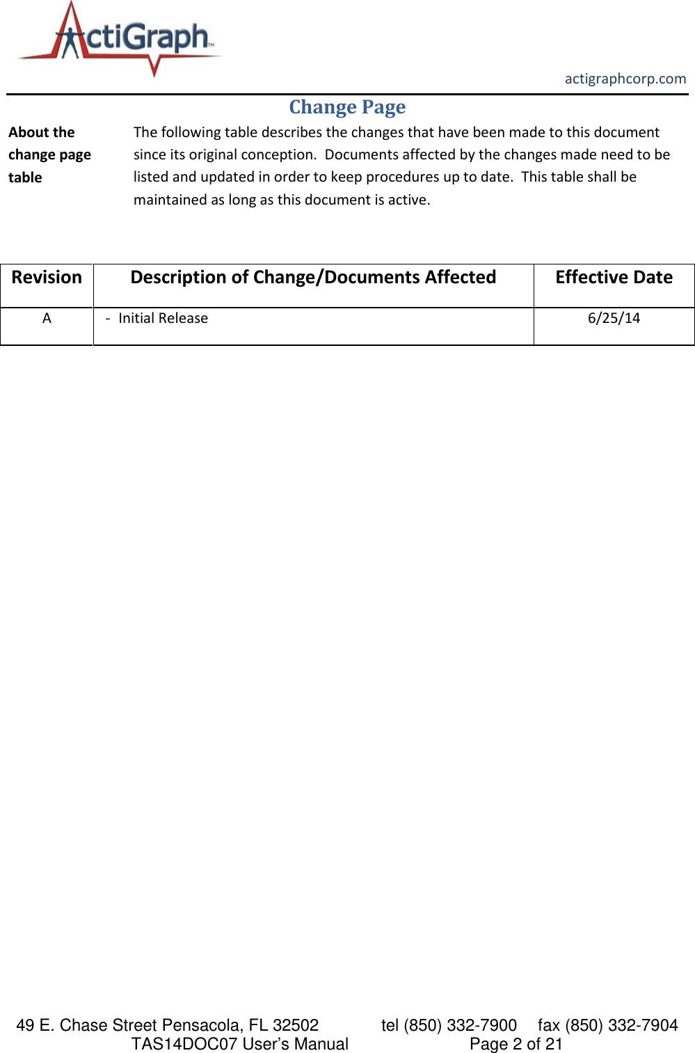       actigraphcorp.com 49 E. Chase Street Pensacola, FL 32502    tel (850) 332-7900 fax (850) 332-7904 TAS14DOC07 User’s Manual                     Page 2 of 21 Change Page About the change page table The following table describes the changes that have been made to this document since its original conception.  Documents affected by the changes made need to be listed and updated in order to keep procedures up to date.  This table shall be maintained as long as this document is active.  Revision Description of Change/Documents Affected Effective Date A - Initial Release 6/25/14     