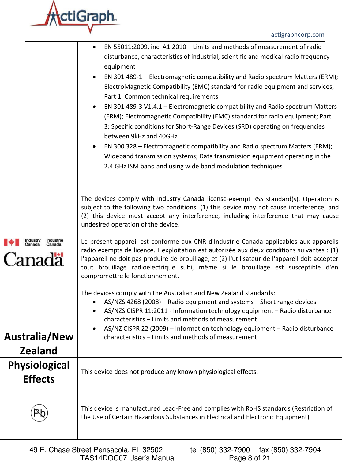       actigraphcorp.com 49 E. Chase Street Pensacola, FL 32502    tel (850) 332-7900 fax (850) 332-7904 TAS14DOC07 User’s Manual                     Page 8 of 21 • EN 55011:2009, inc. A1:2010 – Limits and methods of measurement of radio disturbance, characteristics of industrial, scientific and medical radio frequency equipment • EN 301 489-1 – Electromagnetic compatibility and Radio spectrum Matters (ERM); ElectroMagnetic Compatibility (EMC) standard for radio equipment and services; Part 1: Common technical requirements   • EN 301 489-3 V1.4.1 – Electromagnetic compatibility and Radio spectrum Matters (ERM); Electromagnetic Compatibility (EMC) standard for radio equipment; Part 3: Specific conditions for Short-Range Devices (SRD) operating on frequencies between 9kHz and 40GHz • EN 300 328 – Electromagnetic compatibility and Radio spectrum Matters (ERM); Wideband transmission systems; Data transmission equipment operating in the 2.4 GHz ISM band and using wide band modulation techniques                 Australia/New Zealand The  devices  comply  with Industry Canada license-exempt RSS standard(s). Operation is subject to the following two conditions: (1) this device may not cause interference, and (2) this device must accept any interference, including interference that may cause undesired operation of the device.  Le présent appareil est conforme aux CNR d&apos;Industrie Canada applicables aux appareils radio exempts de licence. L&apos;exploitation est autorisée aux deux conditions suivantes : (1) l&apos;appareil ne doit pas produire de brouillage, et (2) l&apos;utilisateur de l&apos;appareil doit accepter tout brouillage radioélectrique subi, même si le brouillage est susceptible d&apos;en compromettre le fonctionnement.  The devices comply with the Australian and New Zealand standards: • AS/NZS 4268 (2008) – Radio equipment and systems – Short range devices  • AS/NZS CISPR 11:2011 - Information technology equipment – Radio disturbance characteristics – Limits and methods of measurement • AS/NZ CISPR 22 (2009) – Information technology equipment – Radio disturbance characteristics – Limits and methods of measurement  Physiological Effects This device does not produce any known physiological effects.                    This device is manufactured Lead-Free and complies with RoHS standards (Restriction of the Use of Certain Hazardous Substances in Electrical and Electronic Equipment) 