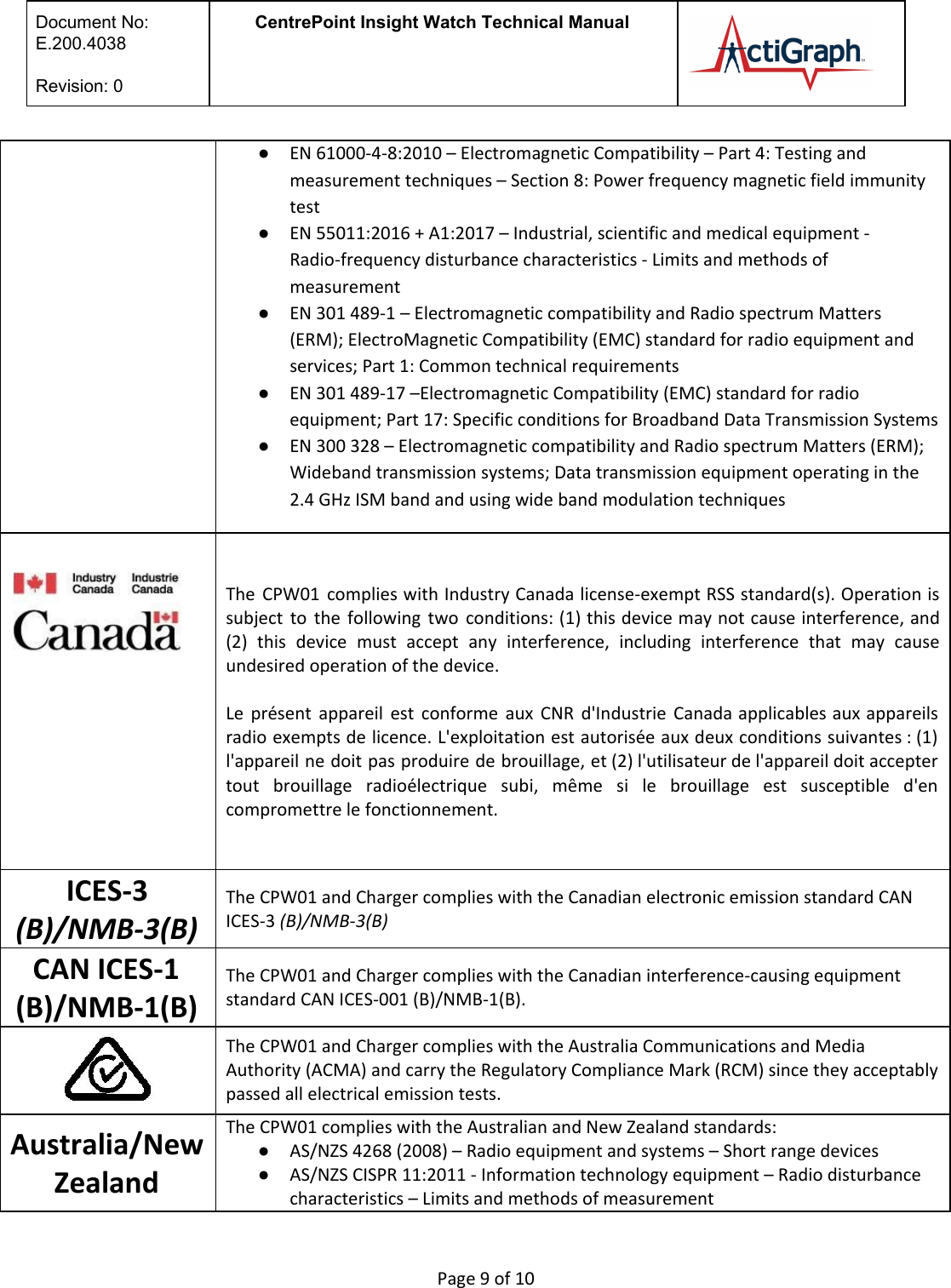  Document No:  E.200.4038  Revision: 0 CentrePoint Insight Watch Technical Manual   ●EN 61000-4-8:2010 – Electromagnetic Compatibility – Part 4: Testing and measurement techniques – Section 8: Power frequency magnetic field immunity test  ●EN 55011:2016 + A1:2017 – Industrial, scientific and medical equipment - Radio-frequency disturbance characteristics - Limits and methods of measurement  ●EN 301 489-1 – Electromagnetic compatibility and Radio spectrum Matters (ERM); ElectroMagnetic Compatibility (EMC) standard for radio equipment and services; Part 1: Common technical requirements   ●EN 301 489-17 –Electromagnetic Compatibility (EMC) standard for radio equipment; Part 17: Specific conditions for Broadband Data Transmission Systems ●EN 300 328 – Electromagnetic compatibility and Radio spectrum Matters (ERM); Wideband transmission systems; Data transmission equipment operating in the 2.4 GHz ISM band and using wide band modulation techniques            The CPW01 complies with Industry Canada license-exempt RSS standard(s). Operation is                     subject to the following two conditions: (1) this device may not cause interference, and                           (2) this device must accept any interference, including interference that may cause                       undesired operation of the device.  Le présent appareil est conforme aux CNR d&apos;Industrie Canada applicables aux appareils                       radio exempts de licence. L&apos;exploitation est autorisée aux deux conditions suivantes : (1)                         l&apos;appareil ne doit pas produire de brouillage, et (2) l&apos;utilisateur de l&apos;appareil doit accepter                           tout brouillage radioélectrique subi, même si le brouillage est susceptible d&apos;en                     compromettre le fonctionnement. ICES-3 (B)/NMB-3(B) The CPW01 and Charger complies with the Canadian electronic emission standard CAN ICES-3 (B)/NMB-3(B) CAN ICES-1 (B)/NMB-1(B) The CPW01 and Charger complies with the Canadian interference-causing equipment standard CAN ICES-001 (B)/NMB-1(B).  The CPW01 and Charger complies with the Australia Communications and Media Authority (ACMA) and carry the Regulatory Compliance Mark (RCM) since they acceptably passed all electrical emission tests.   Australia/New Zealand The CPW01 complies with the Australian and New Zealand standards: ●AS/NZS 4268 (2008) – Radio equipment and systems – Short range devices  ●AS/NZS CISPR 11:2011 - Information technology equipment – Radio disturbance characteristics – Limits and methods of measurement  Page 9 of 10 