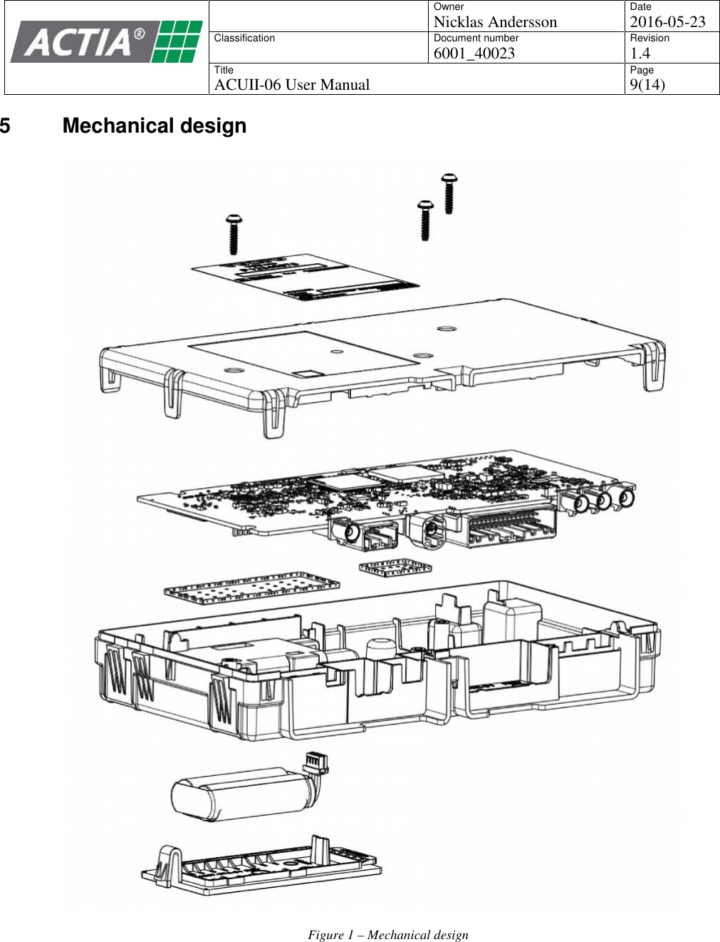 OwnerNicklas AnderssonDate2016-05-23ClassificationDocument number6001_40023Revision1.4TitleACUII-06 User ManualPage9(14)5 Mechanical designFigure 1 &ndash;Mechanical design