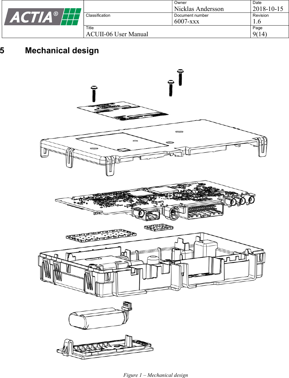    Owner Nicklas Andersson Date 2018-10-15 Classification  Document number 6007-xxx Revision 1.6 Title ACUII-06 User Manual Page 9(14)  5  Mechanical design    Figure 1 &ndash; Mechanical design      