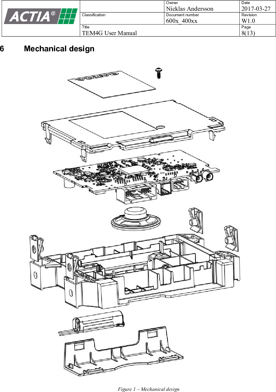    Owner Nicklas Andersson Date 2017-03-27 Classification  Document number 600x_400xx Revision W1.0 Title TEM4G User Manual Page 8(13)   6  Mechanical design    Figure 1 &ndash; Mechanical design   
