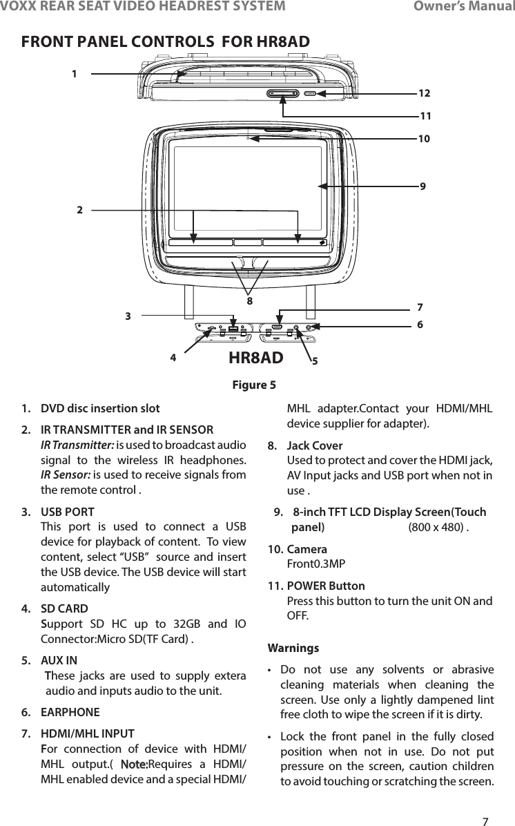 7VOXX REAR SEAT VIDEO HEADREST SYSTEM       Owner’s ManualFigure 5823456791012111.  DVD disc insertion slot2.      IR  TRANSMITTER and IR SENSOR  IR Transmitter: is used to broadcast audio signal to the wireless IR headphones� IR Sensor: is used to receive signals from the remote control � 3.  USB PORT     This port is used to connect a USB device for playback of content�  To view content, select “USB”  source and insert the USB device� The USB device will start automatically 4.  SD CARD      Support SD HC up to 32GB and IO Connector:Micro SD(TF Card) �5.  AUX IN        These jacks are used to supply extera audio and inputs audio to the unit�6.  EARPHONE 7.  HDMI/MHL INPUT      For connection of device with HDMI/MHL output�( Note:Requires a HDMI/MHL enabled device and a special HDMI/MHL adapter�Contact your HDMI/MHL device supplier for adapter)� 8.  Jack Cover     Used to protect and cover the HDMI jack, AV Input jacks and USB port when not in use �9.  8-inch TFT LCD Display Screen(Touch panel)                                 (800 x 480) �10. Camera     Front0�3MP 11. POWER Button     Press this button to turn the unit ON and OFF� HR8AD /MHL1Warnings• Do not use any solvents or abrasive cleaning materials when cleaning the screen� Use only a lightly dampened lint free cloth to wipe the screen if it is dirty�• Lock the front panel in the fully closed position when not in use� Do not put pressure on the screen, caution children to avoid touching or scratching the screen�FRONT PANEL CONTROLS  FOR HR8AD