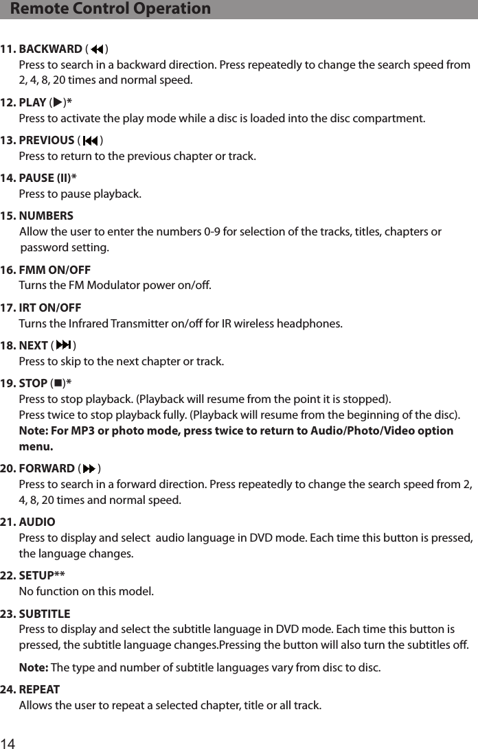 1411.  BACKWARD (   ) Press to search in a backward direction. Press repeatedly to change the search speed from 2, 4, 8, 20 times and normal speed.12.  PLAY (u)* Press to activate the play mode while a disc is loaded into the disc compartment.13.  PREVIOUS (   ) Press to return to the previous chapter or track.14.  PAUSE  (II)* Press to pause playback.15. NUMBERS         Allow the user to enter the numbers 0-9 for selection of the tracks, titles, chapters or            password setting.16.  FMM  ON/OFF Turns the FM Modulator power on/o.17.  IRT  ON/OFF   Turns the Infrared Transmitter on/o for IR wireless headphones.18.  NEXT  (   ) Press to skip to the next chapter or track.19.  STOP  (n)* Press to stop playback. (Playback will resume from the point it is stopped). Press twice to stop playback fully. (Playback will resume from the beginning of the disc). Note: For MP3 or photo mode, press twice to return to Audio/Photo/Video option menu.20.  FORWARD (   ) Press to search in a forward direction. Press repeatedly to change the search speed from 2, 4, 8, 20 times and normal speed.21.  AUDIO Press to display and select  audio language in DVD mode. Each time this button is pressed, the language changes.22.  SETUP** No function on this model.  23.  SUBTITLE Press to display and select the subtitle language in DVD mode. Each time this button is pressed, the subtitle language changes.Pressing the button will also turn the subtitles o. Note: The type and number of subtitle languages vary from disc to disc. 24.  REPEAT  Allows the user to repeat a selected chapter, title or all track.   Remote Control Operation