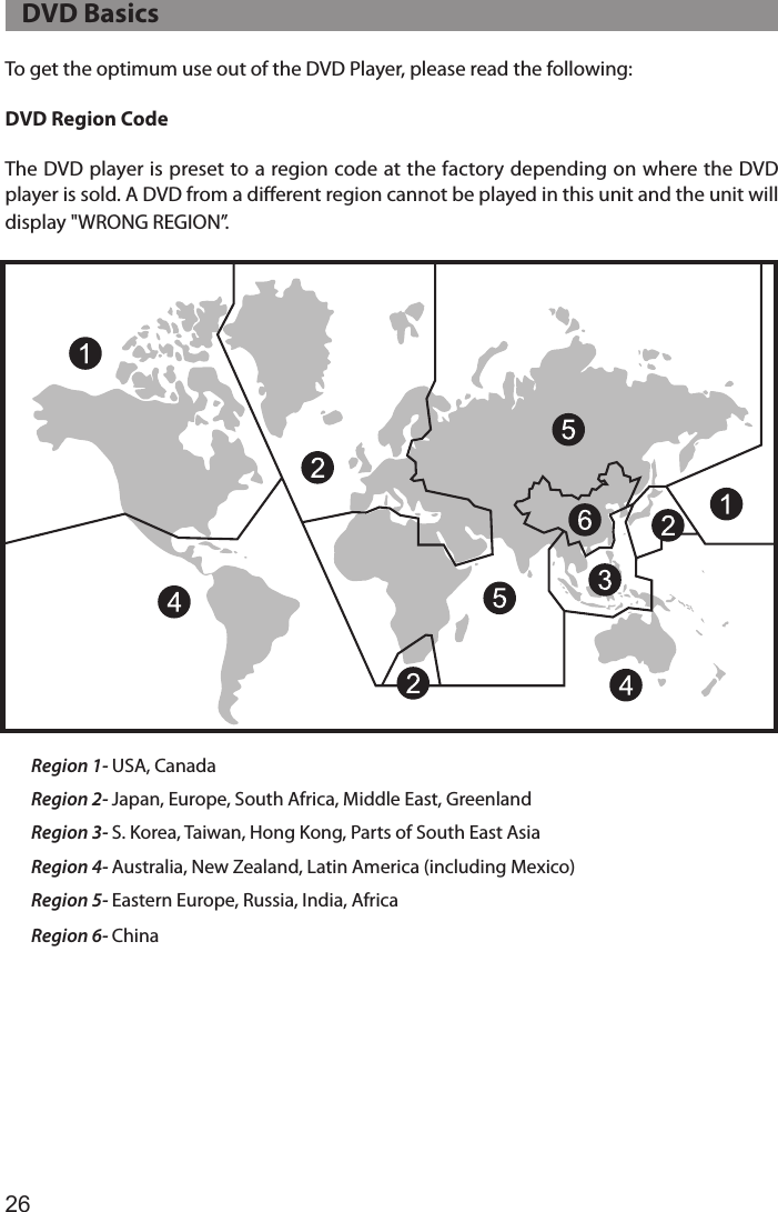 26To get the optimum use out of the DVD Player, please read the following:DVD Region CodeThe DVD player is preset to a region code at the factory depending on where the DVD player is sold. A DVD from a different region cannot be played in this unit and the unit will display &quot;WRONG REGION”.Region 1- USA, CanadaRegion 2- Japan, Europe, South Africa, Middle East, GreenlandRegion 3- S. Korea, Taiwan, Hong Kong, Parts of South East AsiaRegion 4- Australia, New Zealand, Latin America (including Mexico)Region 5- Eastern Europe, Russia, India, AfricaRegion 6- China   DVD Basics
