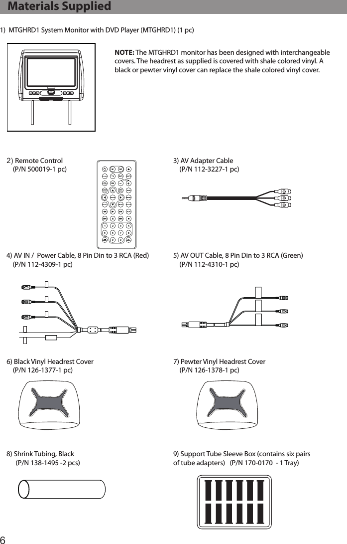61)  MTGHRD1 System Monitor with DVD Player (MTGHRD1) (1 pc) NOTE: The MTGHRD1 monitor has been designed with interchangeable covers. The headrest as supplied is covered with shale colored vinyl. A black or pewter vinyl cover can replace the shale colored vinyl cover.2) Remote Control    (P/N 500019-1 pc)4) AV IN /  Power Cable, 8 Pin Din to 3 RCA (Red)    (P/N 112-4309-1 pc)6) Black Vinyl Headrest Cover    (P/N 126-1377-1 pc)8) Shrink Tubing, Black      (P/N 138-1495 -2 pcs)5) AV OUT Cable, 8 Pin Din to 3 RCA (Green)      (P/N 112-4310-1 pc)7) Pewter Vinyl Headrest Cover    (P/N 126-1378-1 pc)9) Support Tube Sleeve Box (contains six pairs         of tube adapters)   (P/N 170-0170  - 1 Tray)3) AV Adapter Cable    (P/N 112-3227-1 pc)   Materials Supplied