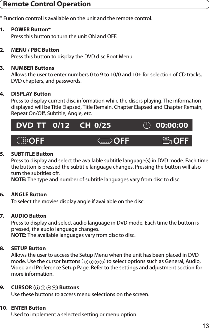 13* Function control is available on the unit and the remote control.1.  POWER Button*   Press this button to turn the unit ON and OFF. 2.  MENU / PBC Button   Press this button to display the DVD disc Root Menu.3.  NUMBER Buttons    Allows the user to enter numbers 0 to 9 to 10/0 and 10+ for selection of CD tracks, DVD chapters, and passwords. 4.  DISPLAY Button   Press to display current disc information while the disc is playing. The information displayed will be Title Elapsed, Title Remain, Chapter Elapsed and Chapter Remain, Repeat On/Off, Subtitle, Angle, etc.5.  SUBTITLE Button   Press to display and select the available subtitle language(s) in DVD mode. Each time the button is pressed the subtitle language changes. Pressing the button will also turn the subtitles o. NOTE: The type and number of subtitle languages vary from disc to disc.6.  ANGLE Button   To select the movies display angle if available on the disc.7.  AUDIO Button   Press to display and select audio language in DVD mode. Each time the button is pressed, the audio language changes. NOTE: The available languages vary from disc to disc. 8.  SETUP Button   Allows the user to access the Setup Menu when the unit has been placed in DVD mode. Use the cursor buttons (                    ) to select options such as General, Audio, Video and Preference Setup Page. Refer to the settings and adjustment section for more information.9.  CURSOR (                    ) Buttons   Use these buttons to access menu selections on the screen.10.  ENTER Button   Used to implement a selected setting or menu option. DVD  TT    0/12      CH  0/25                         00:00:00OFF                                   OFF                       OFF....  Remote Control Operation