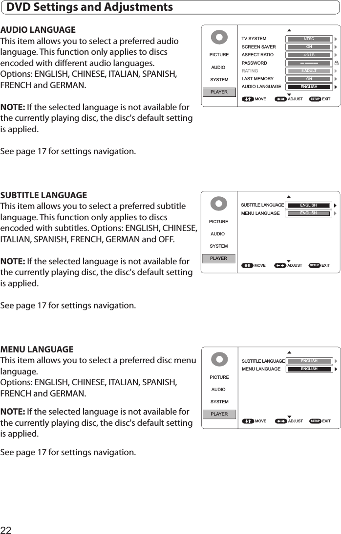 22AUDIO LANGUAGEThis item allows you to select a preferred audio language. This function only applies to discs encoded with dierent audio languages. Options: ENGLISH, CHINESE, ITALIAN, SPANISH, FRENCH and GERMAN.NOTE: If the selected language is not available for the currently playing disc, the disc&apos;s default setting is applied.See page 17 for settings navigation.SUBTITLE LANGUAGEThis item allows you to select a preferred subtitle language. This function only applies to discs encoded with subtitles. Options: ENGLISH, CHINESE, ITALIAN, SPANISH, FRENCH, GERMAN and OFF. NOTE: If the selected language is not available for the currently playing disc, the disc&apos;s default setting is applied.See page 17 for settings navigation.MENU LANGUAGEThis item allows you to select a preferred disc menulanguage. Options: ENGLISH, CHINESE, ITALIAN, SPANISH, FRENCH and GERMAN. NOTE: If the selected language is not available for the currently playing disc, the disc&apos;s default setting is applied. See page 17 for settings navigation.PICTUREAUDIOSYSTEMPLAYERADJUST EXITTV SYSTEMSCREEN SAVERASPECT RATIOPASSWORDRATINGLAST MEMORYAUDIO LANGUAGEMOVENTSCON4:3 LB8ADULTONSETUPENGLISHPICTUREAUDIOSYSTEMPLAYERADJUST EXITSUBTITLE LANGUAGEMENU LANGUAGEMOVEENGLISHENGLISHSETUPPICTUREAUDIOSYSTEMPLAYERADJUST EXITSUBTITLE LANGUAGEMENU LANGUAGEMOVEENGLISHENGLISHSETUP  DVD Settings and Adjustments