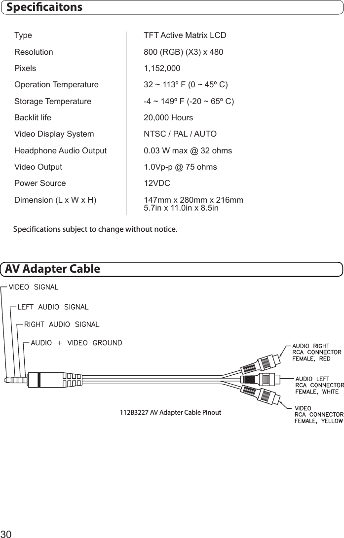 30TypeResolutionPixelsOperation TemperatureStorage TemperatureBacklit lifeVideo Display System Headphone Audio OutputVideo OutputPower SourceDimension (L x W x H)TFT Active Matrix LCD800 (RGB) (X3) x 4801,152,00032 ~ 113º F (0 ~ 45º C)-4 ~ 149º F (-20 ~ 65º C)20,000 HoursNTSC / PAL / AUTO0.03 W max @ 32 ohms1.0Vp-p @ 75 ohms12VDC147mm x 280mm x 216mm5.7in x 11.0in x 8.5inSpecifications subject to change without notice.  Specicaitons112B3227 AV Adapter Cable PinoutAV Adapter Cable