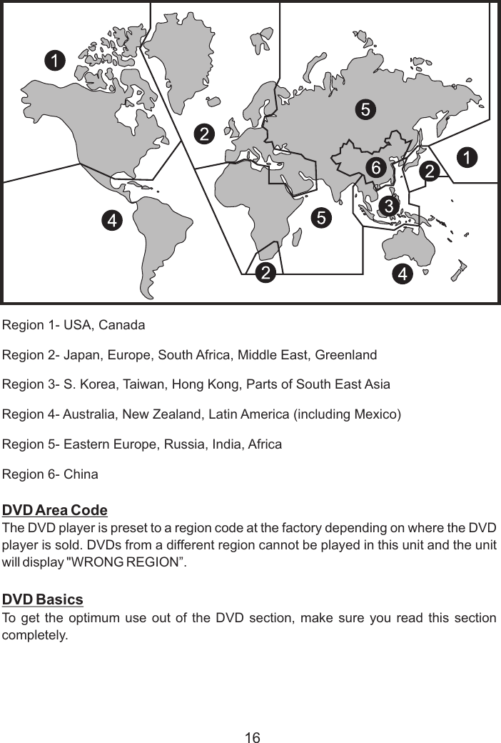 16Region 1- USA, CanadaRegion 2- Japan, Europe, South Africa, Middle East, GreenlandRegion 3- S. Korea, Taiwan, Hong Kong, Parts of South East AsiaRegion 4- Australia, New Zealand, Latin America (including Mexico)Region 5- Eastern Europe, Russia, India, AfricaRegion 6- ChinaDVD Area CodeThe DVD player is preset to a region code at the factory depending on where the DVD player is sold. DVDs from a different region cannot be played in this unit and the unit will display &quot;WRONG REGION”.DVD BasicsTo get  the  optimum  use out of  the  DVD section, make  sure  you  read this section completely.DVD REGIONAL CODE