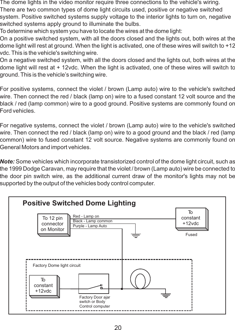 The dome lights in the video monitor require three connections to the vehicle&apos;s wiring. There are two common types of dome light circuits used, positive or negative switched system. Positive switched systems supply voltage to the interior lights to turn on, negative switched systems apply ground to illuminate the bulbs. To determine which system you have to locate the wires at the dome light: On a positive switched system, with all the doors closed and the lights out, both wires at the dome light will rest at ground. When the light is activated, one of these wires will switch to +12 vdc. This is the vehicle&apos;s switching wire. On a negative switched system, with all the doors closed and the lights out, both wires at the dome light will rest at + 12vdc. When the light is activated, one of these wires will switch to ground. This is the vehicle’s switching wire.For positive systems, connect the violet / brown (Lamp auto) wire to the vehicle&apos;s switched wire. Then connect the red / black (lamp on) wire to a fused constant 12 volt source and the black / red (lamp common) wire to a good ground. Positive systems are commonly found on Ford vehicles.For negative systems, connect the violet / brown (Lamp auto) wire to the vehicle&apos;s switched wire. Then connect the red / black (lamp on) wire to a good ground and the black / red (lamp common) wire to fused constant 12 volt source. Negative systems are commonly found on General Motors and import vehicles.Note: Some vehicles which incorporate transistorized control of the dome light circuit, such as the 1999 Dodge Caravan, may require that the violet / brown (Lamp auto) wire be connected to the door pin switch wire, as the additional current draw of the monitor&apos;s lights may not be supported by the output of the vehicles body control computer. Positive Switched Dome LightingRed - Lamp onFactory Dome light circuitTo 12 pinconnectoron MonitorToconstant+12vdcToconstant+12vdcBlack - Lamp commonPurple - Lamp AutoFactory Door ajarswitch or BodyControl computerFused20DOME LIGHT CONNECTING