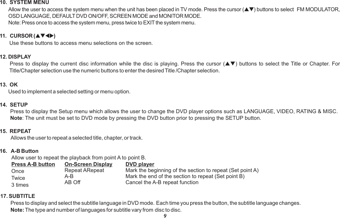 910.  SYSTEM MENU Allow the user to access the system menu when the unit has been placed in TV mode. Press the cursor (pq) buttons to select  FM MODULATOR, OSD LANGUAGE, DEFAULT DVD ON/OFF, SCREEN MODE and MONITOR MODE.Note: Press once to access the system menu, press twice to EXIT the system menu. 11. CURSOR (pqtu)Use these buttons to access menu selections on the screen.12. DISPLAYPress to display the current disc information while the disc is playing. Press the cursor (pq) buttons to select the Title or Chapter. For Title/Chapter selection use the numeric buttons to enter the desired Title /Chapter selection.13.  OKUsed to implement a selected setting or menu option.14. SETUPPress to display the Setup menu which allows the user to change the DVD player options such as LANGUAGE, VIDEO, RATING &amp; MISC. Note: The unit must be set to DVD mode by pressing the DVD button prior to pressing the SETUP button.15.  REPEAT Allows the user to repeat a selected title, chapter, or track.16.  17. SUBTITLEPress to display and select the subtitle language in DVD mode. Each time you press the button, the subtitle language changes.Note: The type and number of languages for subtitle vary from disc to disc.A-B Button        Allow user to repeat the playback from point A to point B.        On-Screen DisplayRepeat ARepeatA-BAB OffPress A-B buttonOnceTwice3 timesDVD playerMark the beginning of the section to repeat (Set point A)Mark the end of the section to repeat (Set point B)Cancel the A-B repeat function
