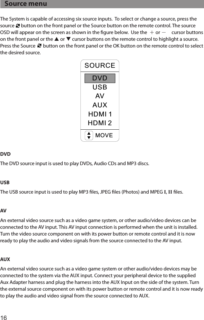 16The System is capable of accessing six source inputs.  To select or change a source, press the source      button on the front panel or the Source button on the remote control. The source OSD will appear on the screen as shown in the ﬁgure below.  Use the  ＋ or － cursor buttons on the front panel or the p or q cursor buttons on the remote control to highlight a source. Press the Source       button on the front panel or the OK button on the remote control to select the desired source.DVDThe DVD source input is used to play DVDs, Audio CDs and MP3 discs.USBThe USB source input is used to play MP3 ﬁles, JPEG ﬁles (Photos) and MPEG I, II ﬁles. AVAn external video source such as a video game system, or other audio/video devices can be connected to the AV input. This AV input connection is performed when the unit is installed. Turn the video source component on with its power button or remote control and it is now ready to play the audio and video signals from the source connected to the AV input.AUXAn external video source such as a video game system or other audio/video devices may be connected to the system via the AUX input. Connect your peripheral device to the supplied Aux Adapter harness and plug the harness into the AUX Input on the side of the system. Turn the external source component on with its power button or remote control and it is now ready to play the audio and video signal from the source connected to AUX.SOURCEAVAUXHDMI 1HDMI 2MOVEDVDUSB   Source menu