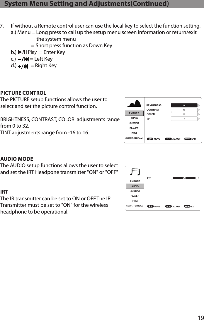 19PICTURE CONTROL The PICTURE setup functions allows the user to select and set the picture control function.BRIGHTNESS, CONTRAST, COLOR  adjustments range from 0 to 32.TINT adjustments range from -16 to 16.AUDIO MODEThe AUDIO setup functions allows the user to select and set the IRT Headpone transmitter &quot;ON&quot; or &quot;OFF&quot;IRTThe IR transmitter can be set to ON or OFF.The IR Transmitter must be set to &quot;ON&quot; for the wireless headphone to be operational.   System Menu Setting and Adjustments(Continued)PICTUREAUDIOSYSTEMPLAYERFMMSMART STREAM ADJUST  EXIT BRIGHTNESSCONTRASTCOLORTINTMOVE 16160MENU 16PICTUREAUDIOSYSTEMPLAYERFMMSMART STREAM ADJUST  EXIT BRIGHTNESSCONTRASTCOLORTINTMOVE 160MENU 1616PICTUREAUDIOSYSTEMPLAYERFMMSMART STREAM ADJUST  EXIT BRIGHTNESSCONTRASTCOLORTINTMOVE 0MENU 161616PICTUREAUDIOSYSTEMPLAYERFMMSMART STREAM ADJUST  EXIT BRIGHTNESSCONTRASTCOLORTINTMOVE  MENU 16161607.   If without a Remote control user can use the local key to select the function setting.      a.) Menu = Long press to call up the setup menu screen information or return/exit                         the system menu            = Short press function as Down Key b.) u/II Play  = Enter Key  c.)            = Left Key  d.)            = Right KeyPICTUREAUDIOSYSTEMPLAYERFMMADJUST  EXIT LANGUAGEDEFAULT DVDMONITOR MODERESETMOVE  MENU PICTUREAUDIOSYSTEMPLAYERFMMSMART STREAMSMART STREAMADJUST  EXIT IRTMOVE  MENU L/R ON ENGLISH ON M1 
