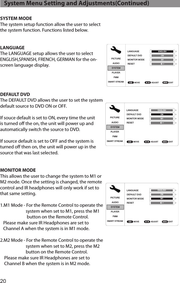 20SYSTEM MODEThe system setup function allow the user to selectthe system function. Functions listed below.LANGUAGEThe LANGUAGE setup allows the user to selectENGLISH,SPANISH, FRENCH, GERMAN for the on-screen language display.DEFAULT DVDThe DEFAULT DVD allows the user to set the system default source to DVD ON or OFF. If souce default is set to ON, every time the unit is turned off the on, the unit will power up and automatically switch the source to DVD. If source default is set to OFF and the system is turned off then on, the unit will power up in the source that was last selected. MONITOR MODEThis allows the user to change the system to M1 or M2 mode. Once the setting is changed, the remote control and IR headphones will only work if set to that same setting.1.M1 Mode - For the Remote Control to operate the                           system when set to M1, press the M1                            button on the Remote Control.    Please make sure IR Headphones are set to     Channel A when the system is in M1 mode.2.M2 Mode - For the Remote Control to operate the                           system when set to M2, press the M2                           button on the Remote Control.     Please make sure IR Headphones are set to      Channel B when the system is in M2 mode.PICTUREPICTUREPICTUREAUDIOAUDIOAUDIOSYSTEMSYSTEMSYSTEMPLAYERPLAYERPLAYERFMMFMMFMMSMART STREAMSMART STREAMSMART STREAMADJUST ADJUST ADJUST EXIT EXIT EXIT BRIGHTNESSLANGUAGETV SYSTEMCONTRASTDEFAULT DVDSCREEN SAVERCOLORMONITOR MODEASPECT RATIOPASSWORD SETUPTINTRESETRATINGLAST MEMORYAUDIO LANGUAGEMOVE MOVE MOVE 1616160MENU MENU MENU PICTUREAUDIOSYSTEMPLAYERFMMSMART STREAM ADJUST  EXIT IRTMOVE  MENU L/R ON ENGLISH NTSC ADULT ON ON ON M1 16:9 ENGLISH PICTUREAUDIOSYSTEMPLAYERFMMSMART STREAM ADJUST  EXIT LANGUAGEDEFAULT DVDMONITOR MODERESETMOVE  MENU ENGLISH ON M1 PICTUREAUDIOSYSTEMPLAYERFMMSMART STREAM SELECT  EXIT FM FMM CHANNELMOVE  MENU ONPICTUREMIRACAST/AIRPLAY&amp;DLNAAUDIOSYSTEMPLAYERFMMSMART STREAM ADJUST   EXIT MOVE  MENU PICTUREAUDIOSYSTEMPLAYERFMMSMART STREAM SELECT  EXIT MOVE  MENU 88.1MHz88.3MHz88.5MHz88.7MHz88.9MHz89.1MHz89.3MHz89.5MHz89.7MHz89.9MHz90.1MHz90.3MHz90.5MHz90.7MHz90.9MHz91.1MHz91.3MHz91.5MHz91.7MHz91.9MHz92.1MHz92.3MHz92.5MHz92.7MHz92.9MHz93.1MHz93.3MHz93.5MHz93.7MHz93.9MHz94.1MHz94.3MHz94.5MHz94.7MHz94.9MHz95.1MHz95.3MHz95.5MHz95.7MHz95.9MHz96.1MHz96.3MHz96.5MHz96.7MHz96.9MHzYES NO   System Menu Setting and Adjustments(Continued)PICTUREPICTUREPICTUREAUDIOAUDIOAUDIOSYSTEMSYSTEMSYSTEMPLAYERPLAYERPLAYERFMMFMMFMMSMART STREAMSMART STREAMSMART STREAMADJUST ADJUST ADJUST EXIT EXIT EXIT BRIGHTNESSLANGUAGETV SYSTEMCONTRASTDEFAULT DVDSCREEN SAVERCOLORMONITOR MODEASPECT RATIOPASSWORD SETUPTINTRESETRATINGLAST MEMORYAUDIO LANGUAGEMOVE MOVE MOVE 1616160MENU MENU MENU PICTUREAUDIOSYSTEMPLAYERFMMSMART STREAM ADJUST  EXIT IRTMOVE  MENU L/R ON ENGLISH NTSC ADULT ON ON ON M1 16:9 ENGLISH PICTUREAUDIOSYSTEMPLAYERFMMSMART STREAM ADJUST  EXIT LANGUAGEDEFAULT DVDMONITOR MODERESETMOVE  MENU ENGLISH ON M1 PICTUREAUDIOSYSTEMPLAYERFMMSMART STREAM SELECT  EXIT FM FMM CHANNELMOVE  MENU ONPICTUREMIRACAST/AIRPLAY&amp;DLNAAUDIOSYSTEMPLAYERFMMSMART STREAM ADJUST   EXIT MOVE  MENU PICTUREAUDIOSYSTEMPLAYERFMMSMART STREAM SELECT  EXIT MOVE  MENU 88.1MHz88.3MHz88.5MHz88.7MHz88.9MHz89.1MHz89.3MHz89.5MHz89.7MHz89.9MHz90.1MHz90.3MHz90.5MHz90.7MHz90.9MHz91.1MHz91.3MHz91.5MHz91.7MHz91.9MHz92.1MHz92.3MHz92.5MHz92.7MHz92.9MHz93.1MHz93.3MHz93.5MHz93.7MHz93.9MHz94.1MHz94.3MHz94.5MHz94.7MHz94.9MHz95.1MHz95.3MHz95.5MHz95.7MHz95.9MHz96.1MHz96.3MHz96.5MHz96.7MHz96.9MHzYES NOPICTUREAUDIOSYSTEMPLAYERFMMSMART STREAM ADJUST  EXIT LANGUAGEDEFAULT DVDMONITOR MODERESETMOVE  MENU ENGLISH ON M1 PICTUREAUDIOSYSTEMPLAYERFMMSMART STREAM ADJUST  EXIT LANGUAGEDEFAULT DVDMONITOR MODERESETMOVE  MENU ENGLISH ON M1 