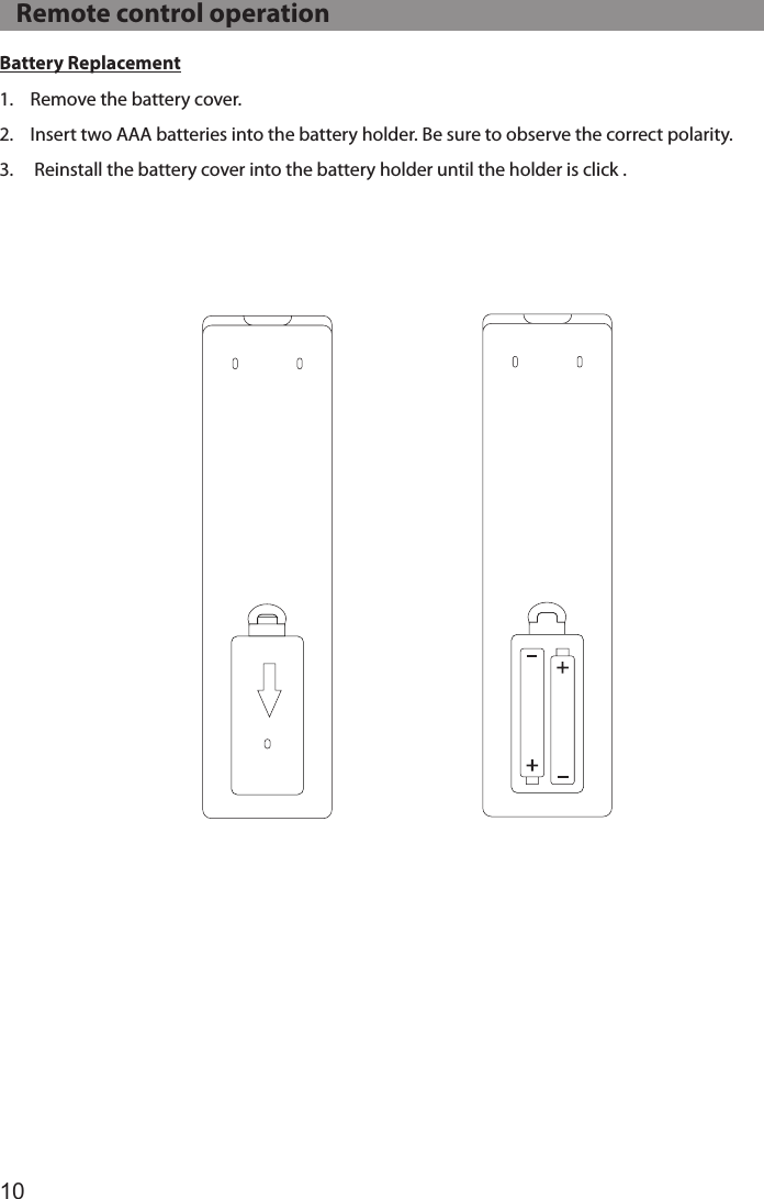 10Battery Replacement1.  Remove the battery cover.2.   Insert two AAA batteries into the battery holder. Be sure to observe the correct polarity.3.    Reinstall the battery cover into the battery holder until the holder is click .   Remote control operation