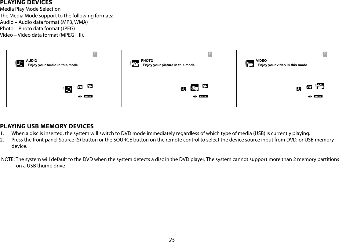 25PLAYING DEVICESMedia Play Mode Selection The Media Mode support to the following formats:Audio – Audio data format (MP3, WMA)Photo – Photo data format (JPEG)Video – Video data format (MPEG I, II).PLAYING USB MEMORY DEVICES1.  When a disc is inserted, the system will switch to DVD mode immediately regardless of which type of media (USB) is currently playing. 2.  Press the front panel Source (S) button or the SOURCE button on the remote control to select the device source input from DVD, or USB memory device. NOTE: The system will default to the DVD when the system detects a disc in the DVD player. The system cannot support more than 2 memory partitions      on a USB thumb drive