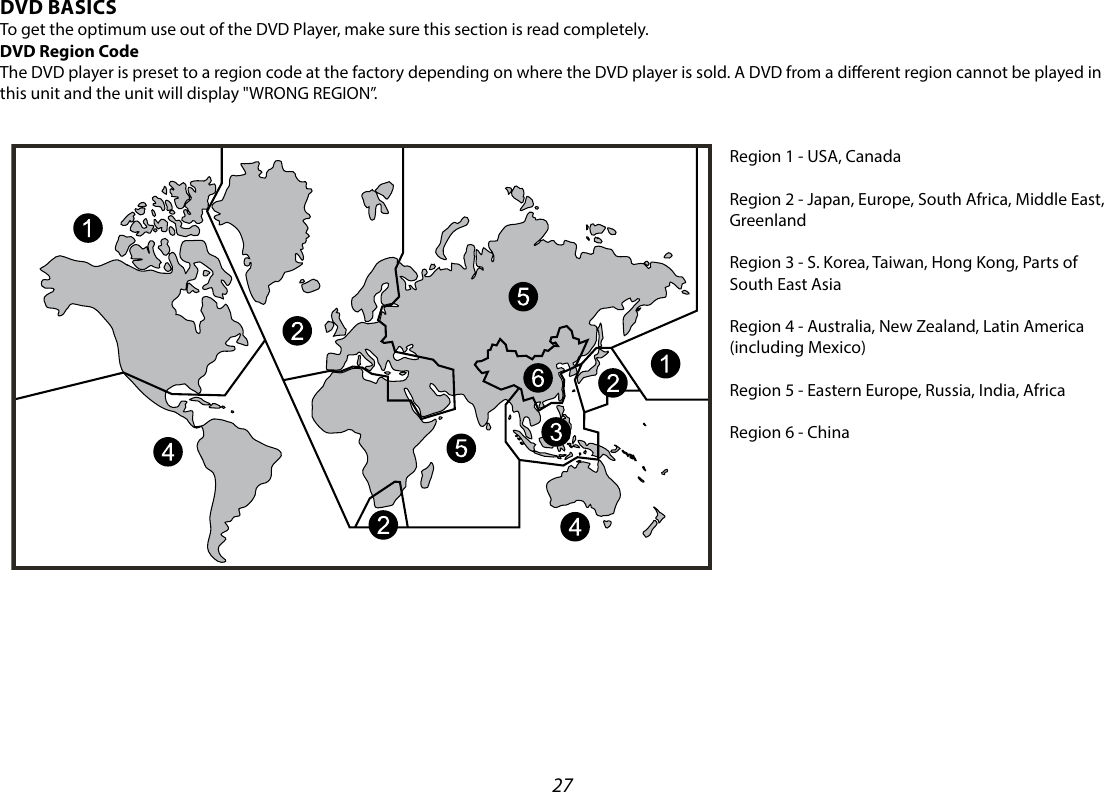 27Region 1 - USA, CanadaRegion 2 - Japan, Europe, South Africa, Middle East,GreenlandRegion 3 - S. Korea, Taiwan, Hong Kong, Parts ofSouth East AsiaRegion 4 - Australia, New Zealand, Latin America(including Mexico)Region 5 - Eastern Europe, Russia, India, AfricaRegion 6 - ChinaDVD BASICSTo get the optimum use out of the DVD Player, make sure this section is read completely.DVD Region CodeThe DVD player is preset to a region code at the factory depending on where the DVD player is sold. A DVD from a dierent region cannot be played in this unit and the unit will display &quot;WRONG REGION”.