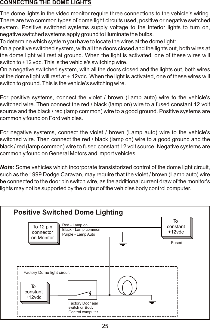 CONNECTING THE DOME LIGHTSThe dome lights in the video monitor require three connections to the vehicle&apos;s wiring. There are two common types of dome light circuits used, positive or negative switched system. Positive switched systems supply voltage to the interior lights to turn on, negative switched systems apply ground to illuminate the bulbs. To determine which system you have to locate the wires at the dome light: On a positive switched system, with all the doors closed and the lights out, both wires at the dome light will rest at ground. When the light is activated, one of these wires will switch to +12 vdc. This is the vehicle&apos;s switching wire. On a negative switched system, with all the doors closed and the lights out, both wires at the dome light will rest at + 12vdc. When the light is activated, one of these wires will switch to ground. This is the vehicle’s switching wire.For positive systems, connect the violet / brown (Lamp auto) wire to the vehicle&apos;s switched wire. Then connect the red / black (lamp on) wire to a fused constant 12 volt source and the black / red (lamp common) wire to a good ground. Positive systems are commonly found on Ford vehicles.For negative systems, connect the violet / brown (Lamp auto) wire to the vehicle&apos;s switched wire. Then connect the red / black (lamp on) wire to a good ground and the black / red (lamp common) wire to fused constant 12 volt source. Negative systems are commonly found on General Motors and import vehicles.Note: Some vehicles which incorporate transistorized control of the dome light circuit, such as the 1999 Dodge Caravan, may require that the violet / brown (Lamp auto) wire be connected to the door pin switch wire, as the additional current draw of the monitor&apos;s lights may not be supported by the output of the vehicles body control computer. Positive Switched Dome LightingRed - Lamp onFactory Dome light circuitTo 12 pinconnectoron MonitorToconstant+12vdcToconstant+12vdcBlack - Lamp commonPurple - Lamp AutoFactory Door ajarswitch or BodyControl computerFused25