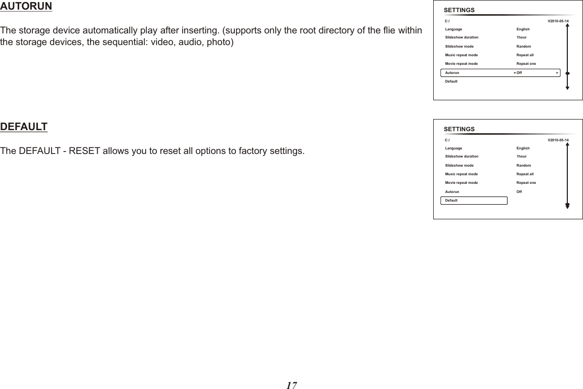 17AUTORUN The storage device automatically play after inserting. (supports only the root directory of the flie withinthe storage devices, the sequential: video, audio, photo)DEFAULT The DEFAULT - RESET allows you to reset all options to factory settings.SETTINGSC:/Language Slideshow duration Music repeat modeMovie repeat modeAutorun Default Slideshow modeEnglish 1hour Repeat allRepeat one OffRandomV2010-05-14SETTINGSC:/Language Slideshow duration Music repeat modeMovie repeat modeAutorun Default Slideshow modeEnglish 1hour Repeat allRepeat one OffRandomV2010-05-14