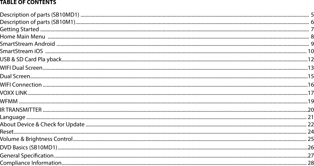 TABLE OF CONTENTSDescription of parts (SB10MD1) ..................................................................................................................................................................................... 5 Description of parts (SB10M1) ......................................................................................................................................................................................... 6 Getting Started ..................................................................................................................................................................................................................... 7 Home Main Menu  ............................................................................................................................................................................................................... 8 SmartStream Android  ........................................................................................................................................................................................................ 9 SmartStream iOS  ............................................................................................................................................................................................................... 10USB &amp; SD Card Pla yback ...................................................................................................................................................................................................12WIFI Dual Screen ..................................................................................................................................................................................................................13Dual Screen............................................................................................................................................................................................................................15WIFI Connection ..................................................................................................................................................................................................................16VOXX LINK ..............................................................................................................................................................................................................................17WFMM .....................................................................................................................................................................................................................................19IR TRANSMITTER ..................................................................................................................................................................................................................20 Language .............................................................................................................................................................................................................................. 21 About Device &amp; Check for Update ............................................................................................................................................................................... 22 Reset ........................................................................................................................................................................................................................................ 24 Volume &amp; Brightness Control ......................................................................................................................................................................................... 25DVD Basics (SB10MD1) ......................................................................................................................................................................................................26General Specication .........................................................................................................................................................................................................27 Compliance Information .................................................................................................................................................................................................. 28
