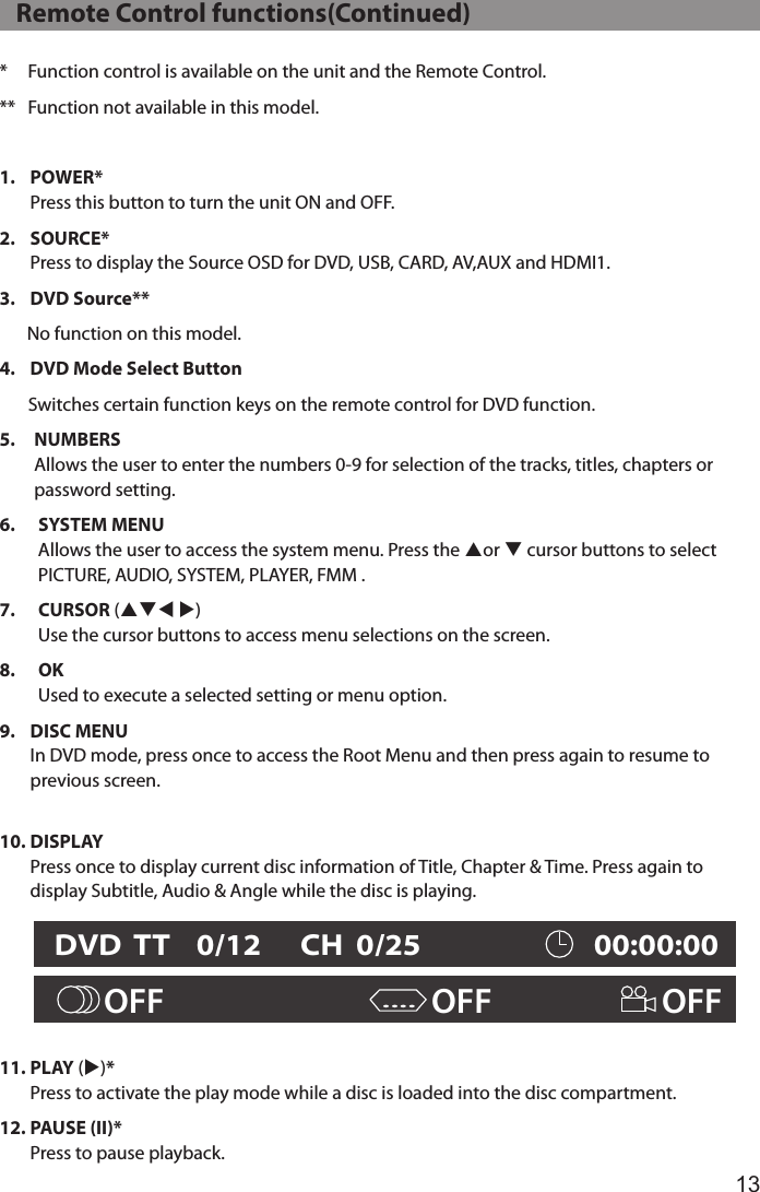 13   Remote Control functions(Continued)*     Function control is available on the unit and the Remote Control.**   Function not available in this model.1.   POWER* Press this button to turn the unit ON and OFF.2.   SOURCE* Press to display the Source OSD for DVD, USB, CARD, AV,AUX and HDMI1.3.   DVD  Source**       No function on this model.4.   DVD Mode Select Button       Switches certain function keys on the remote control for DVD function.5.     NUMBERS Allows the user to enter the numbers 0-9 for selection of the tracks, titles, chapters or password setting.6.     SYSTEM  MENU Allows the user to access the system menu. Press the por q cursor buttons to select PICTURE, AUDIO, SYSTEM, PLAYER, FMM .7.     CURSOR (pqt u) Use the cursor buttons to access menu selections on the screen.8.     OK Used to execute a selected setting or menu option.9.   DISC  MENU In DVD mode, press once to access the Root Menu and then press again to resume to previous screen.  10.  DISPLAY Press once to display current disc information of Title, Chapter &amp; Time. Press again to display Subtitle, Audio &amp; Angle while the disc is playing.  11.  PL AY (u)* Press to activate the play mode while a disc is loaded into the disc compartment.12.  PAUSE  (II)* Press to pause playback.OFF                                   OFF                       OFF....DVD  TT    0/12      CH  0/25                         00:00:00
