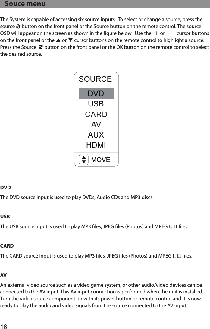 16The System is capable of accessing six source inputs.  To select or change a source, press the source      button on the front panel or the Source button on the remote control. The source OSD will appear on the screen as shown in the ﬁgure below.  Use the  ＋ or － cursor buttons on the front panel or the p or q cursor buttons on the remote control to highlight a source. Press the Source       button on the front panel or the OK button on the remote control to select the desired source.DVDThe DVD source input is used to play DVDs, Audio CDs and MP3 discs.USBThe USB source input is used to play MP3 les, JPEG les (Photos) and MPEG I, II ﬁles. CARDThe CARD source input is used to play MP3 les, JPEG les (Photos) and MPEG I, II ﬁles. AVAn external video source such as a video game system, or other audio/video devices can be connected to the AV input. This AV input connection is performed when the unit is installed. Turn the video source component on with its power button or remote control and it is now ready to play the audio and video signals from the source connected to the AV input.   Souce menuSOURCEAVAUXHDMIMOVEDVDUSBCARD