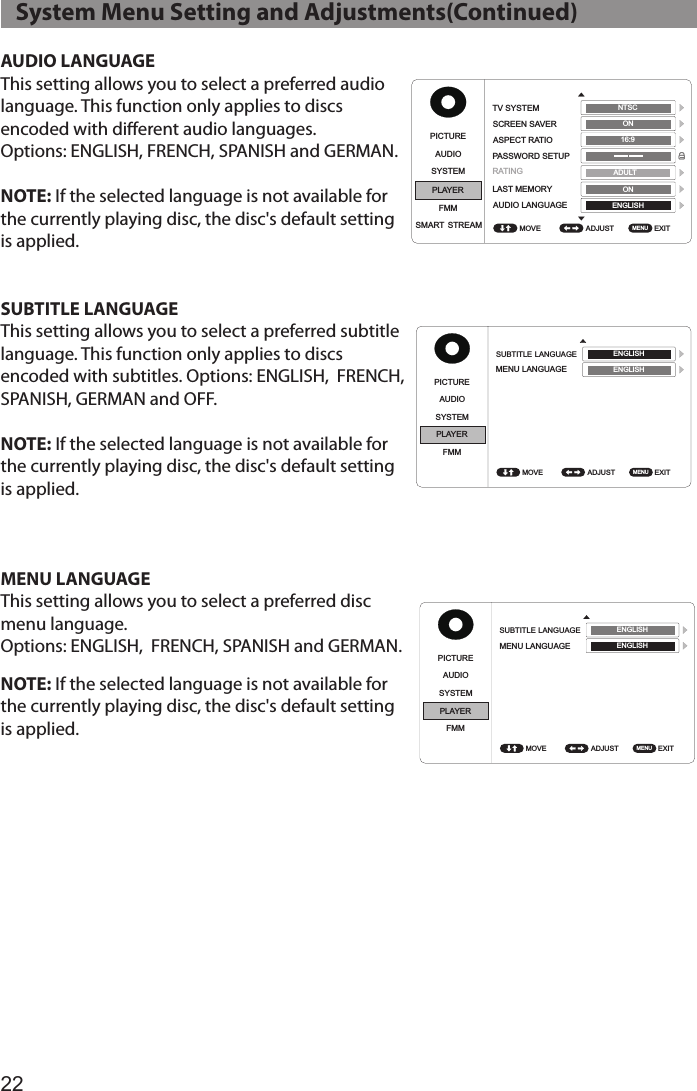 22AUDIO LANGUAGEThis setting allows you to select a preferred audio language. This function only applies to discs  encoded with diﬀerent audio languages. Options: ENGLISH, FRENCH, SPANISH and GERMAN.NOTE: If the selected language is not available for the currently playing disc, the disc&apos;s default setting is applied.SUBTITLE LANGUAGEThis setting allows you to select a preferred subtitle language. This function only applies to discs encoded with subtitles. Options: ENGLISH,  FRENCH, SPANISH, GERMAN and OFF. NOTE: If the selected language is not available for the currently playing disc, the disc&apos;s default setting is applied.MENU LANGUAGEThis setting allows you to select a preferred disc menu language. Options: ENGLISH,  FRENCH, SPANISH and GERMAN. NOTE: If the selected language is not available for the currently playing disc, the disc&apos;s default setting is applied. PICTUREPICTUREPICTUREPICTUREPICTUREPICTUREPICTURE PICTUREAUDIOAUDIOAUDIOAUDIOAUDIOAUDIOAUDIO AUDIOSYSTEMSYSTEMSYSTEMSYSTEMSYSTEMSYSTEMSYSTEM SYSTEMPLAYERPLAYERPLAYERPLAYERPLAYERPLAYERPLAYER PLAYERFMMFMMFMMFMMFMMFMMFMM FMMADJUST ADJUST ADJUST ADJUST ADJUST ADJUST ADJUST  ADJUST EXIT EXIT EXIT EXIT EXIT EXIT EXIT  EXIT TV SYSTEMTV SYSTEMTV SYSTEMTV SYSTEMSUBTITLEGLANGUAGESUBTITLEGLANGUAGETV SYSTEM TV SYSTEMSCREEN SAVERSCREEN SAVERSCREEN SAVERSCREEN SAVERMENU LANGUAGEMENU LANGUAGESCREEN SAVER SCREEN SAVERASPECT RATIOASPECT RATIOASPECT RATIOASPECT RATIOASPECT RATIO ASPECT RATIOPASSWORD SETUPPASSWORD SETUPPASSWORD SETUPPASSWORD SETUPPASSWORD SETUPPASSWORD SETUPLAST MEMORYLAST MEMORYLAST MEMORYLAST MEMORYLAST MEMORY LAST MEMORYAUDIO LANGUAGEAUDIO LANGUAGEAUDIO LANGUAGEAUDIO LANGUAGEAUDIO LANGUAGE AUDIO LANGUAGEMOVE MOVE MOVE MOVE MOVE MOVE MOVE  MOVE MENU MENU MENU MENU MENU MENU MENU  MENU NTSC NTSC NTSC NTSC ENGLISH ENGLISH ENGLISH ENGLISH NTSC  NTSC  ADULT  ADULT ADULT ADULT ADULT  ADULT ON ON ON ON ON  ON ON ON ON ON ON  ON 16:9 16:9 16:9 4:3 PS 16:9 16:9ENGLISH ENGLISH ENGLISH ENGLISH ENGLISH  ENGLISH RATINGRATINGRATINGRATING RATINGRATINGPICTUREPICTUREPICTUREPICTUREPICTUREPICTUREPICTURE PICTUREAUDIOAUDIOAUDIOAUDIOAUDIOAUDIOAUDIO AUDIOSYSTEMSYSTEMSYSTEMSYSTEMSYSTEMSYSTEMSYSTEM SYSTEMPLAYERPLAYERPLAYERPLAYERPLAYERPLAYERPLAYER PLAYERFMMFMMFMMFMMFMMFMMFMM FMMADJUST ADJUST ADJUST ADJUST ADJUST ADJUST ADJUST  ADJUST EXIT EXIT EXIT EXIT EXIT EXIT EXIT  EXIT TV SYSTEMTV SYSTEMTV SYSTEMTV SYSTEMSUBTITLEGLANGUAGESUBTITLEGLANGUAGETV SYSTEM TV SYSTEMSCREEN SAVERSCREEN SAVERSCREEN SAVERSCREEN SAVERMENU LANGUAGEMENU LANGUAGESCREEN SAVER SCREEN SAVERASPECT RATIOASPECT RATIOASPECT RATIOASPECT RATIOASPECT RATIO ASPECT RATIOPASSWORD SETUPPASSWORD SETUPPASSWORD SETUPPASSWORD SETUPPASSWORD SETUPPASSWORD SETUPLAST MEMORYLAST MEMORYLAST MEMORYLAST MEMORYLAST MEMORY LAST MEMORYAUDIO LANGUAGEAUDIO LANGUAGEAUDIO LANGUAGEAUDIO LANGUAGEAUDIO LANGUAGE AUDIO LANGUAGEMOVE MOVE MOVE MOVE MOVE MOVE MOVE  MOVE MENU MENU MENU MENU MENU MENU MENU  MENU NTSC NTSC NTSC NTSC ENGLISH ENGLISH ENGLISH ENGLISH NTSC  NTSC  ADULT  ADULT ADULT ADULT ADULT  ADULT ON ON ON ON ON  ON ON ON ON ON ON  ON 16:9 16:9 16:9 4:3 PS 16:9 16:9ENGLISH ENGLISH ENGLISH ENGLISH ENGLISH  ENGLISH RATINGRATINGRATINGRATING RATINGRATINGPICTUREAUDIOSYSTEMPLAYERFMMSMART STREAM ADJUST  EXIT TV SYSTEMSCREEN SAVERASPECT RATIOPASSWORD SETUPLAST MEMORYAUDIO LANGUAGEMOVE  MENU NTSC ADULT ON ON 16:9 ENGLISH RATING   System Menu Setting and Adjustments(Continued)