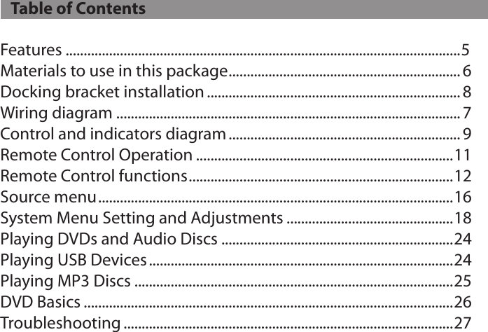    Table of ContentsFeatures .............................................................................................................5Materials to use in this package ................................................................ 6Docking bracket installation ......................................................................8Wiring diagram ............................................................................................... 7Control and indicators diagram ................................................................ 9Remote Control Operation .......................................................................11Remote Control functions ......................................................................... 12Source menu ..................................................................................................16System Menu Setting and Adjustments ..............................................18Playing DVDs and Audio Discs ................................................................24Playing USB Devices ....................................................................................24Playing MP3 Discs ........................................................................................25DVD Basics ......................................................................................................26Troubleshooting ...........................................................................................27