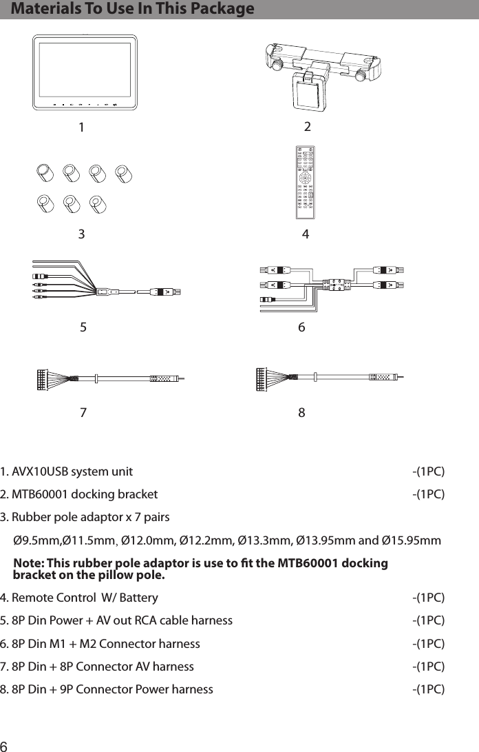6   Materials To Use In This Package 156782341. AVX10USB system unit             -(1PC)2. MTB60001 docking bracket          -(1PC)3. Rubber pole adaptor x 7 pairs      Ø9.5mm,Ø11.5mm, Ø12.0mm, Ø12.2mm, Ø13.3mm, Ø13.95mm and Ø15.95mm     Note: This rubber pole adaptor is use to t the MTB60001 docking      bracket on the pillow pole.4. Remote Control  W/ Battery          -(1PC)5. 8P Din Power + AV out RCA cable harness        -(1PC)6. 8P Din M1 + M2 Connector harness          -(1PC)7. 8P Din + 8P Connector AV harness          -(1PC)8. 8P Din + 9P Connector Power harness        -(1PC)