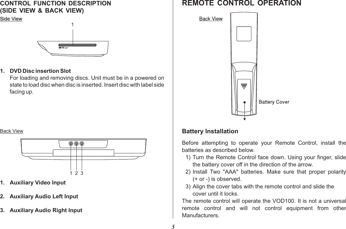 5Side ViewCONTROL  FUNCTION  DESCRIPTION (SIDE  VIEW  &amp;  BACK  VIEW)Side View1. DVD Disc insertion SlotFor loading and removing discs. Unit must be in a powered on state to load disc when disc is inserted. Insert disc with label side facing up. Back View1. Auxiliary Video Input2. Auxiliary Audio Left Input3. Auxiliary Audio Right Input11 2 3REMOTE  CONTROL  OPERATIONBattery InstallationBefore  attempting  to  operate  your  Remote  Control,  install  the batteries as described below.1) Turn the Remote Control face down. Using your finger, slidethe battery cover off in the direction of the arrow.2) Install  Two  &quot;AAA&quot;  batteries.  Make  sure  that  proper  polarity(+ or -) is observed.3) Align the cover tabs with the remote control and slide thecover until it locks.The remote control will operate the VOD100. It is not a universal remote  control  and  will  not  control  equipment  from  other Manufacturers.