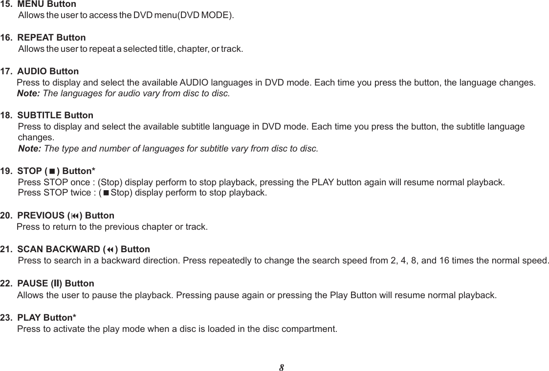 815. MENU ButtonAllows the user to access the DVD menu(DVD MODE).16. REPEAT ButtonAllows the user to repeat a selected title, chapter, or track.17. AUDIO ButtonPress to display and select the available AUDIO languages in DVD mode. Each time you press the button, the language changes.Note: The languages for audio vary from disc to disc.18. SUBTITLE ButtonPress to display and select the available subtitle language in DVD mode. Each time you press the button, the subtitle language changes.Note: The type and number of languages for subtitle vary from disc to disc.19. STOP (&lt;) Button*Press STOP once : (Stop) display perform to stop playback, pressing the PLAY button again will resume normal playback.Press STOP twice : (&lt;Stop) display perform to stop playback.20. PREVIOUS (9) ButtonPress to return to the previous chapter or track.21. SCAN BACKWARD (7) ButtonPress to search in a backward direction. Press repeatedly to change the search speed from 2, 4, 8, and 16 times the normal speed.22. PAUSE (II) ButtonAllows the user to pause the playback. Pressing pause again or pressing the Play Button will resume normal playback.23. PLAY Button*Press to activate the play mode when a disc is loaded in the disc compartment.
