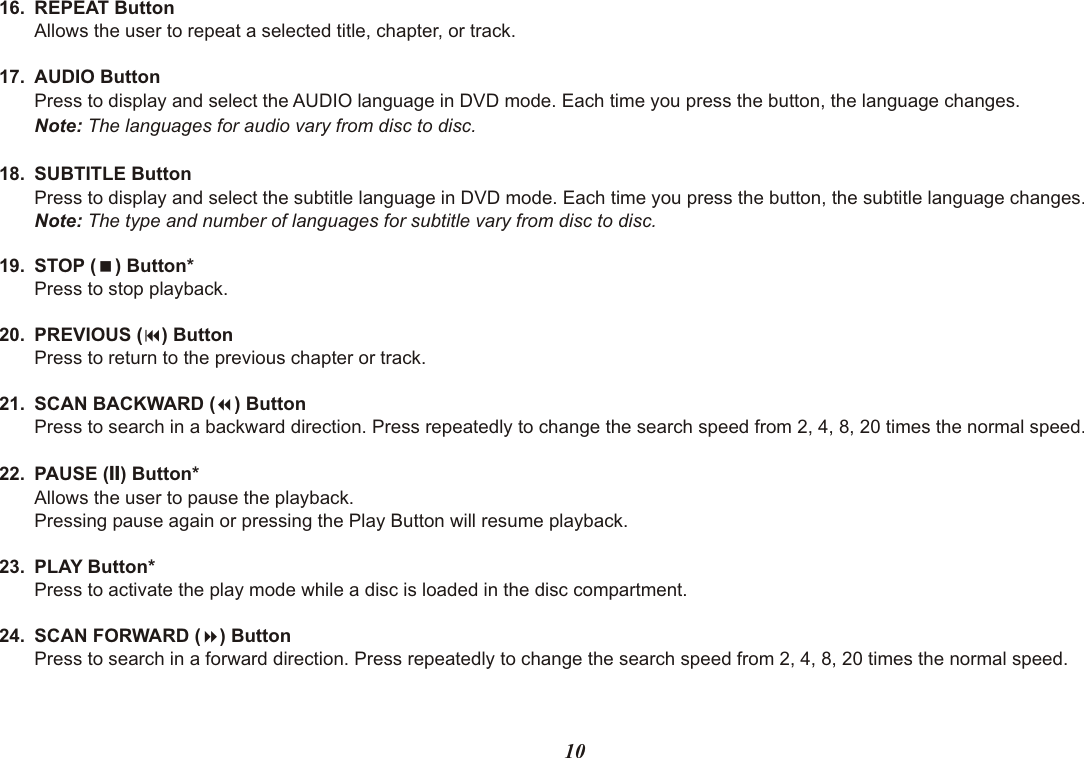 1016. REPEAT ButtonAllows the user to repeat a selected title, chapter, or track.17. AUDIO ButtonPress to display and select the AUDIO language in DVD mode. Each time you press the button, the language changes.Note: The languages for audio vary from disc to disc.18. SUBTITLE ButtonPress to display and select the subtitle language in DVD mode. Each time you press the button, the subtitle language changes.Note: The type and number of languages for subtitle vary from disc to disc.19. STOP (&lt;) Button*Press to stop playback.20. PREVIOUS (9) ButtonPress to return to the previous chapter or track.21. SCAN BACKWARD (7) ButtonPress to search in a backward direction. Press repeatedly to change the search speed from 2, 4, 8, 20 times the normal speed.22. PAUSE (II) Button*Allows the user to pause the playback.Pressing pause again or pressing the Play Button will resume playback.23. PLAY Button*Press to activate the play mode while a disc is loaded in the disc compartment.24. SCAN FORWARD (8) ButtonPress to search in a forward direction. Press repeatedly to change the search speed from 2, 4, 8, 20 times the normal speed.