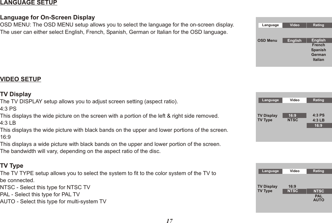 17LANGUAGE SETUPLanguage for On-Screen DisplayOSD MENU: The OSD MENU setup allows you to select the language for the on-screen display.The user can either select English, French, Spanish, German or Italian for the OSD language.VIDEO SETUPTV DisplayThe TV DISPLAY setup allows you to adjust screen setting (aspect ratio). 4:3 PSThis displays the wide picture on the screen with a portion of the left &amp; right side removed.4:3 LBThis displays the wide picture with black bands on the upper and lower portions of the screen.16:9This displays a wide picture with black bands on the upper and lower portion of the screen.The bandwidth will vary, depending on the aspect ratio of the disc.TV TypeThe TV TYPE setup allows you to select the system to fit to the color system of the TV tobe connected. NTSC - Select this type for NTSC TVPAL - Select this type for PAL TVAUTO - Select this type for multi-system TVLanguage Video RatingFrenchSpanishGermanItalianOSD Menu English EnglishLanguage Video Rating4:3 LBTV Display 16:9 4:3 PSTV Type NTSC16:9Language Video RatingPALTV Display 16:9TV Type NTSCNTSCAUTO