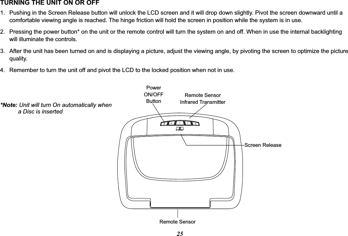 ON     OFF    AUTO25TURNING THE UNIT ON OR OFF1. Pushing in the Screen Release button will unlock the LCD screen and it will drop down slightly. Pivot the screen downward until a comfortable viewing angle is reached. The hinge friction will hold the screen in position while the system is in use.2. Pressing the power button* on the unit or the remote control will turn the system on and off. When in use the internal backlightingwill illuminate the controls.3. After the unit has been turned on and is displaying a picture, adjust the viewing angle, by pivoting the screen to optimize the picturequality. 4. Remember to turn the unit off and pivot the LCD to the locked position when not in use.PowerON/OFFButtonRemote SensorInfrared TransmitterScreen ReleaseRemote Sensor*Note: Unit will turn On automatically when           a Disc is inserted