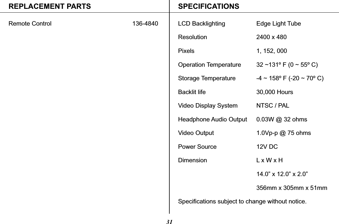 REPLACEMENT PARTS SPECIFICATIONSRemote Control 136-484031LCD Backlighting Edge Light TubeResolution 2400 x 480Pixels 1, 152, 000Operation Temperature 32 ~131º F (0 ~ 55º C)Storage Temperature -4 ~ 158º F (-20 ~ 70º C)Backlit life 30,000 HoursVideo Display System NTSC / PALHeadphone Audio Output 0.03W @ 32 ohmsVideo Output 1.0Vp-p @ 75 ohmsPower Source 12V DCDimension L x W x H14.0” x 12.0” x 2.0”356mm x 305mm x 51mmSpecifications subject to change without notice.