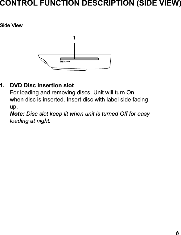 Side ViewCONTROL FUNCTION DESCRIPTION (SIDE VIEW)6Side View11. DVD Disc insertion slotFor loading and removing discs. Unit will turn On when disc is inserted. Insert disc with label side facing up. Note: Disc slot keep lit when unit is turned Off for easyloading at night.