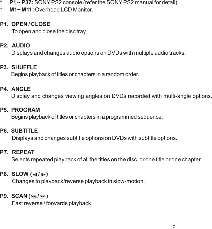 7*     P1 ~ P37: SONY PS2 console (refer the SONY PS2 manual for detail).*     M1~ M11: Overhead LCD Monitor.P1.  OPEN / CLOSE         To open and close the disc tray.P2.  AUDIO   Displays and changes audio options on DVDs with multiple audio tracks.P3.  SHUFFLE Begins playback of titles or chapters in a random order.P4.  ANGLE   Display and changes viewing angles on DVDs recorded with multi-angle options.P5.  PROGRAM Begins playback of titles or chapters in a programmed sequence.P6.  SUBTITLE        Displays and changes subtitle options on DVDs with subtitle options.P7.  REPEAT   Selects repeated playback of all the titles on the disc, or one title or one chapter.P8.  SLOW (    /    )         Changes to playback/reverse playback in slow-motion.P9.  SCAN (     /     )        Fast reverse / forwards playback.