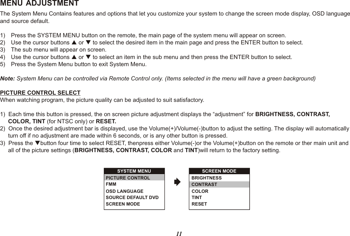 MENU ADJUSTMENTThe System Menu Contains features and options that let you customize your system to change the screen mode display, OSD language and source default.1) Press the SYSTEM MENU button on the remote, the main page of the system menu will appear on screen.2) Use the cursor buttons p or q to select the desired item in the main page and press the ENTER button to select.3) The sub menu will appear on screen.4) Use the cursor buttons p or q to select an item in the sub menu and then press the ENTER button to select.5) Press the System Menu button to exit System Menu.Note: System Menu can be controlled via Remote Control only. (Items selected in the menu will have a green background)PICTURE CONTROL SELECTWhen watching program, the picture quality can be adjusted to suit satisfactory.1)  Each time this button is pressed, the on screen picture adjustment displays the “adjustment” for BRIGHTNESS, CONTRAST,     COLOR, TINT (for NTSC only) or RESET.2)  Once the desired adjustment bar is displayed, use the Volume(+)/Volume(-)button to adjust the setting. The display will automatically     turn off if no adjustment are made within 6 seconds, or is any other button is pressed.3)  Press the qbutton four time to select RESET, thenpress either Volume(-)or the Volume(+)button on the remote or ther main unit and     all of the picture settings (BRIGHTNESS, CONTRAST, COLOR and TINT)will return to the factory setting.11SCREEN MODEBRIGHTNESSCONTRASTCOLORTINTRESETSYSTEM MENUSCREEN MODEOSD LANGUAGESOURCE DEFAULT DVDPICTURE CONTROLFMM 