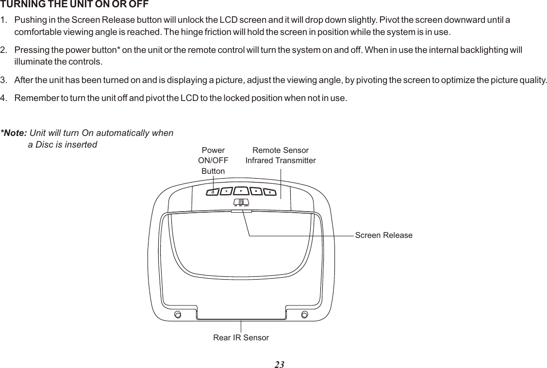 TURNING THE UNIT ON OR OFF1. Pushing in the Screen Release button will unlock the LCD screen and it will drop down slightly. Pivot the screen downward until a comfortable viewing angle is reached. The hinge friction will hold the screen in position while the system is in use.2. Pressing the power button* on the unit or the remote control will turn the system on and off. When in use the internal backlighting will illuminate the controls.3. After the unit has been turned on and is displaying a picture, adjust the viewing angle, by pivoting the screen to optimize the picture quality. 4. Remember to turn the unit off and pivot the LCD to the locked position when not in use.*Note: Unit will turn On automatically when           a Disc is inserted23ON     OFF    AUTOON     OFF    AUTORemote SensorInfrared TransmitterPowerON/OFFButtonScreen ReleaseRear IR Sensor