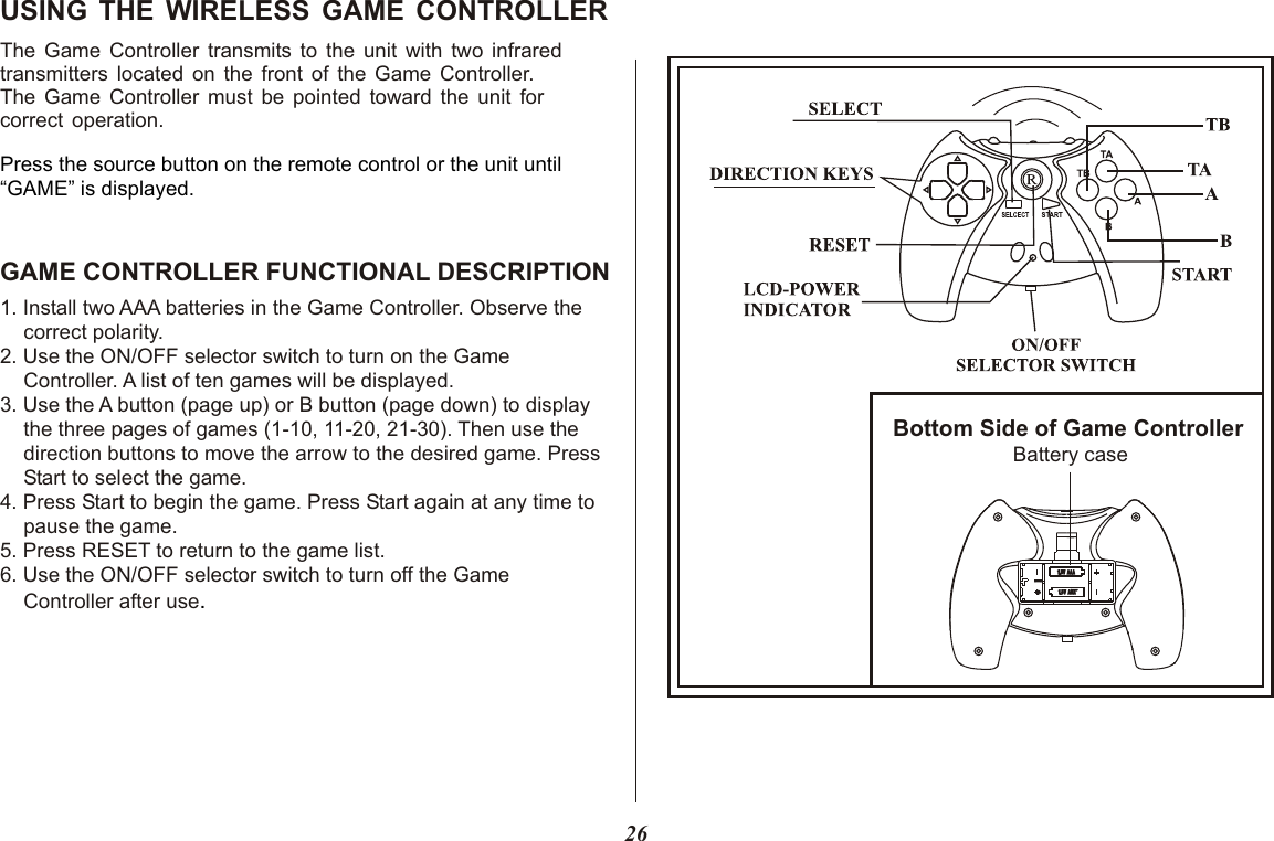 The Game Controller transmits to the unit with two infraredtransmitters located on the front of the Game Controller. The Game Controller must be pointed toward the unit for correct operation.Press the source button on the remote control or the unit until“GAME” is displayed.USING THE WIRELESS GAME CONTROLLER1. Install two AAA batteries in the Game Controller. Observe the correct polarity.2. Use the ON/OFF selector switch to turn on the Game Controller. A list of ten games will be displayed.3. Use the A button (page up) or B button (page down) to display the three pages of games (1-10, 11-20, 21-30). Then use the direction buttons to move the arrow to the desired game. Press Start to select the game.4. Press Start to begin the game. Press Start again at any time topause the game.5. Press RESET to return to the game list.6. Use the ON/OFF selector switch to turn off the Game Controller after use.GAME CONTROLLER FUNCTIONAL DESCRIPTIONBottom Side of Game ControllerBattery case26