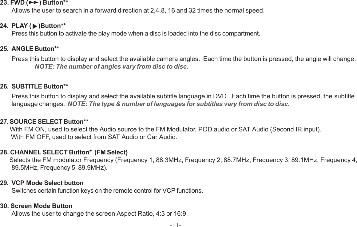 -11-23. FWD ( ) Button**Allows the user to search in a forward direction at 2,4,8, 16 and 32 times the normal speed.      24. PLAY (   )Button**Press this button to activate the play mode when a disc is loaded into the disc compartment.25. ANGLE Button**Press this button to display and select the available camera angles.  Each time the button is pressed, the angle will change.NOTE: The number of angles vary from disc to disc.26. SUBTITLE Button**Press this button to display and select the available subtitle language in DVD.  Each time the button is pressed, the subtitlelanguage changes.  NOTE: The type &amp; number of languages for subtitles vary from disc to disc.27. SOURCE SELECT Button**            With FM ON, used to select the Audio source to the FM Modulator, POD audio or SAT Audio (Second IR input).             With FM OFF, used to select from SAT Audio or Car Audio.28. CHANNEL SELECT Button*  (FM Select)             Selects the FM modulator Frequency (Frequency 1, 88.3MHz, Frequency 2, 88.7MHz, Frequency 3, 89.1MHz, Frequency 4,89.5MHz, Frequency 5, 89.9MHz).29. VCP Mode Select buttonSwitches certain function keys on the remote control for VCP functions.30. Screen Mode ButtonAllows the user to change the screen Aspect Ratio, 4:3 or 16:9.