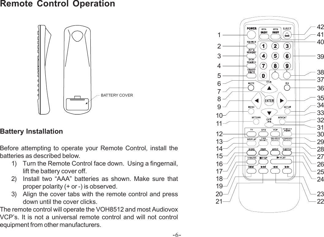 -6-Battery InstallationBefore attempting to operate your Remote Control, install thebatteries as described below.1) Turn the Remote Control face down.  Using a fingernail,lift the battery cover off.2) Install two “AAA” batteries as shown. Make sure thatproper polarity (+ or -) is observed.3) Align the cover tabs with the remote control and pressdown until the cover clicks.The remote control will operate the VOH8512 and most AudiovoxVCP’s. It is not a universal remote control and will not controlequipment from other manufacturers.Remote Control OperationIRTA IRTB123457689101112131415161718192021232224252627282930313234333536373839404142BATTERY COVER